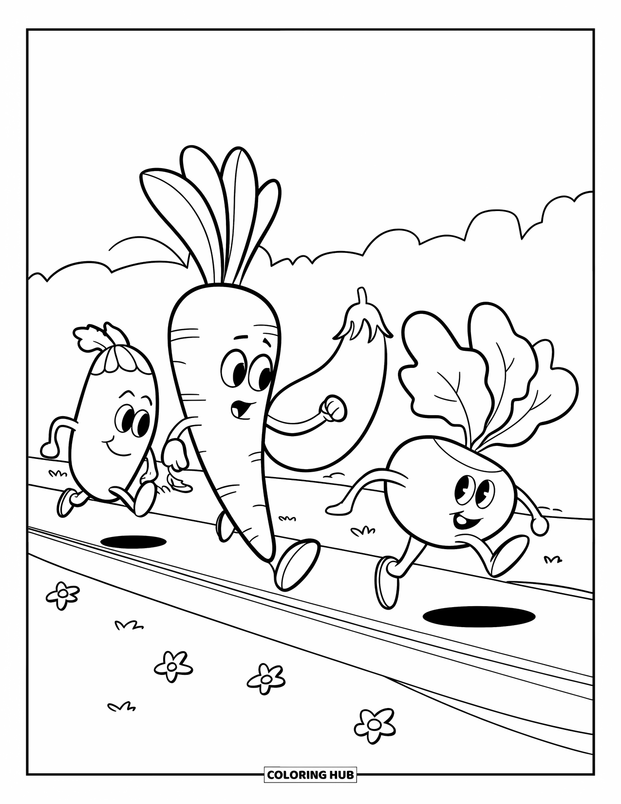Vegetable Coloring Page for Kids: A fun veggie race with carrot, eggplant, and radish dashing across the field