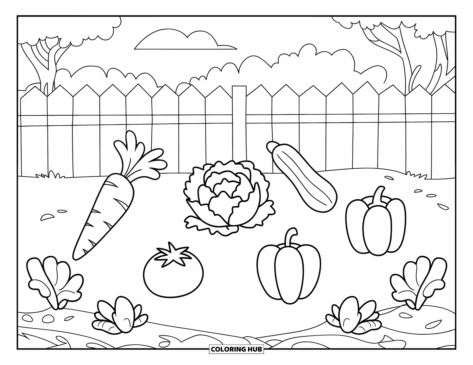 Vegetable Coloring Page for Kids: A group of veggies sprouts from garden soil, surrounded by a fence and trees