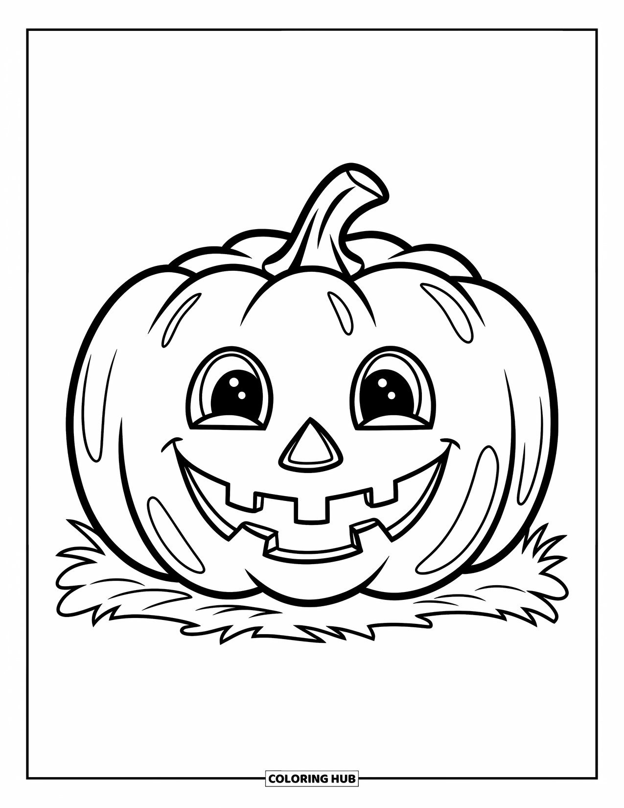 Vegetable Coloring Page for Kids: A happy pumpkin sits on grass with soft curves and a friendly face