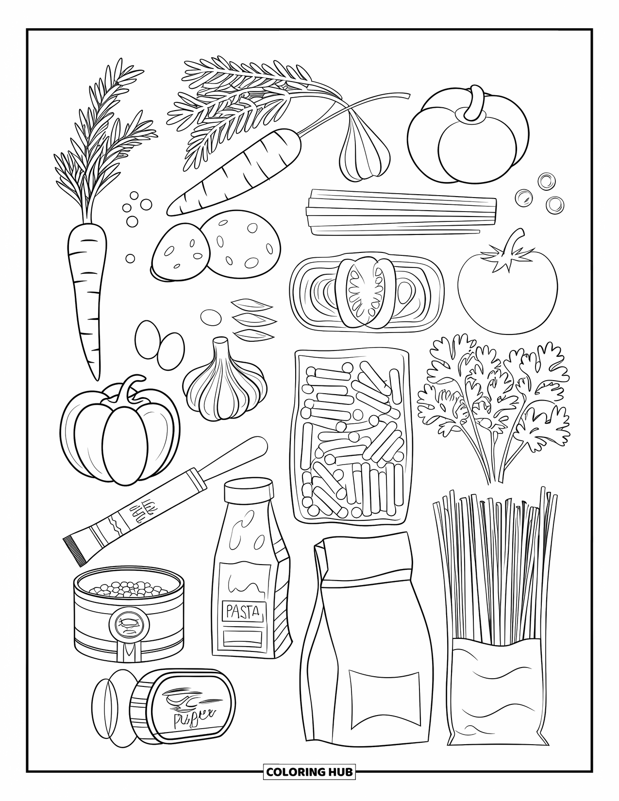 Vegetable Coloring Page for Kids: A playful flat lay of veggies, herbs, pasta, and pantry goods arranged with care