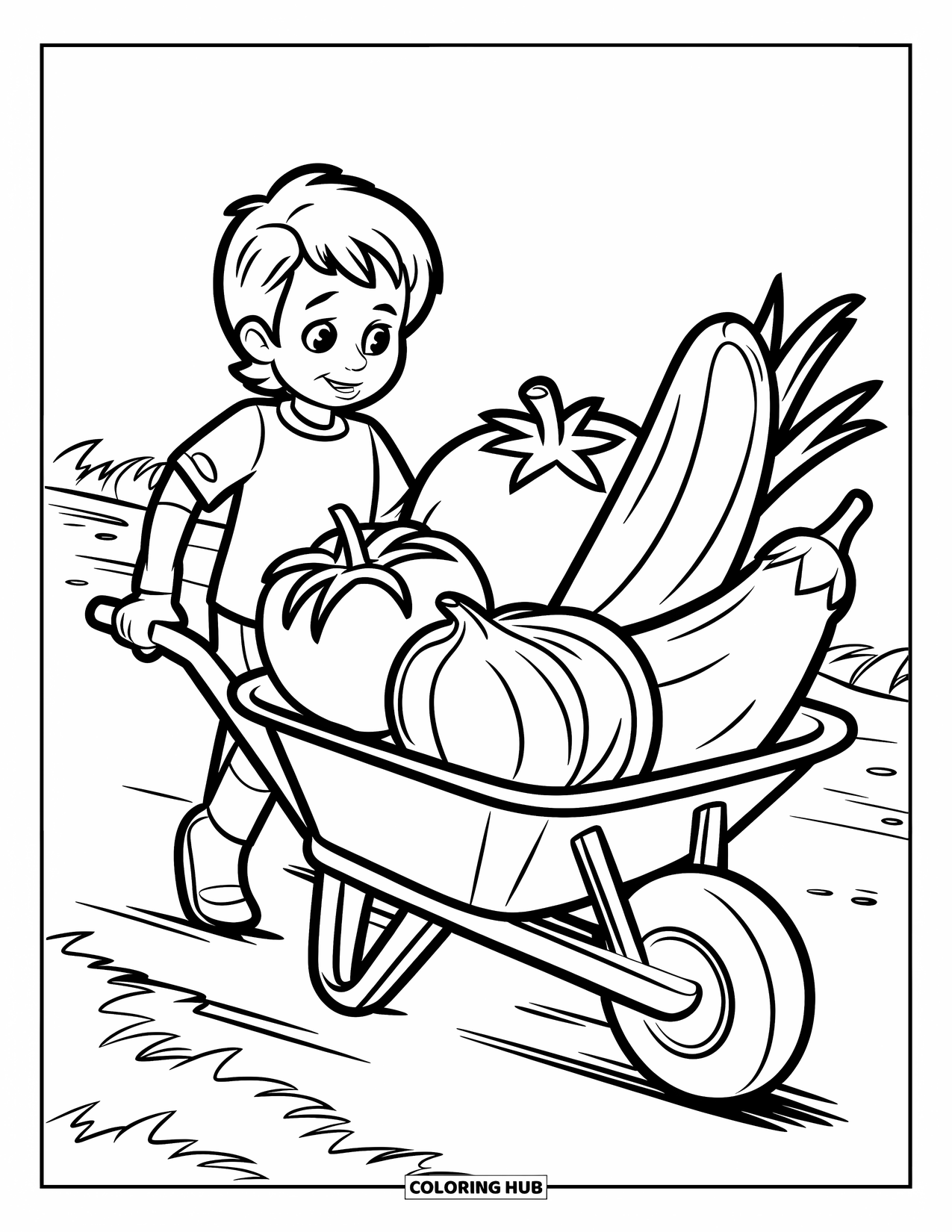 Vegetable Coloring Page for Kids: A red-shirted kid pushes giant vegetables down a path in a cheerful garden scene
