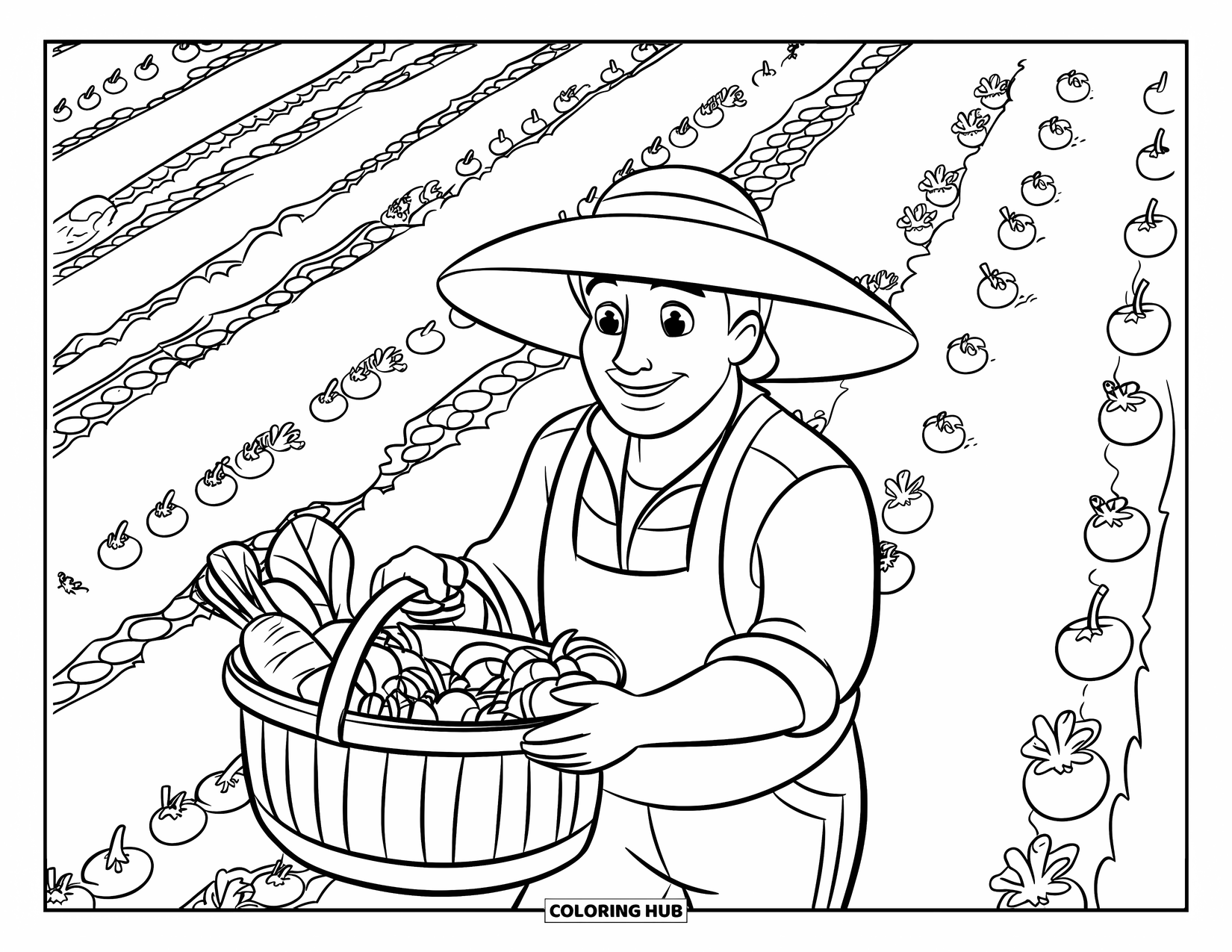 Vegetable Coloring Page for Kids: A smiling farmer walks through rows of veggies, carrying a basket full of harvest