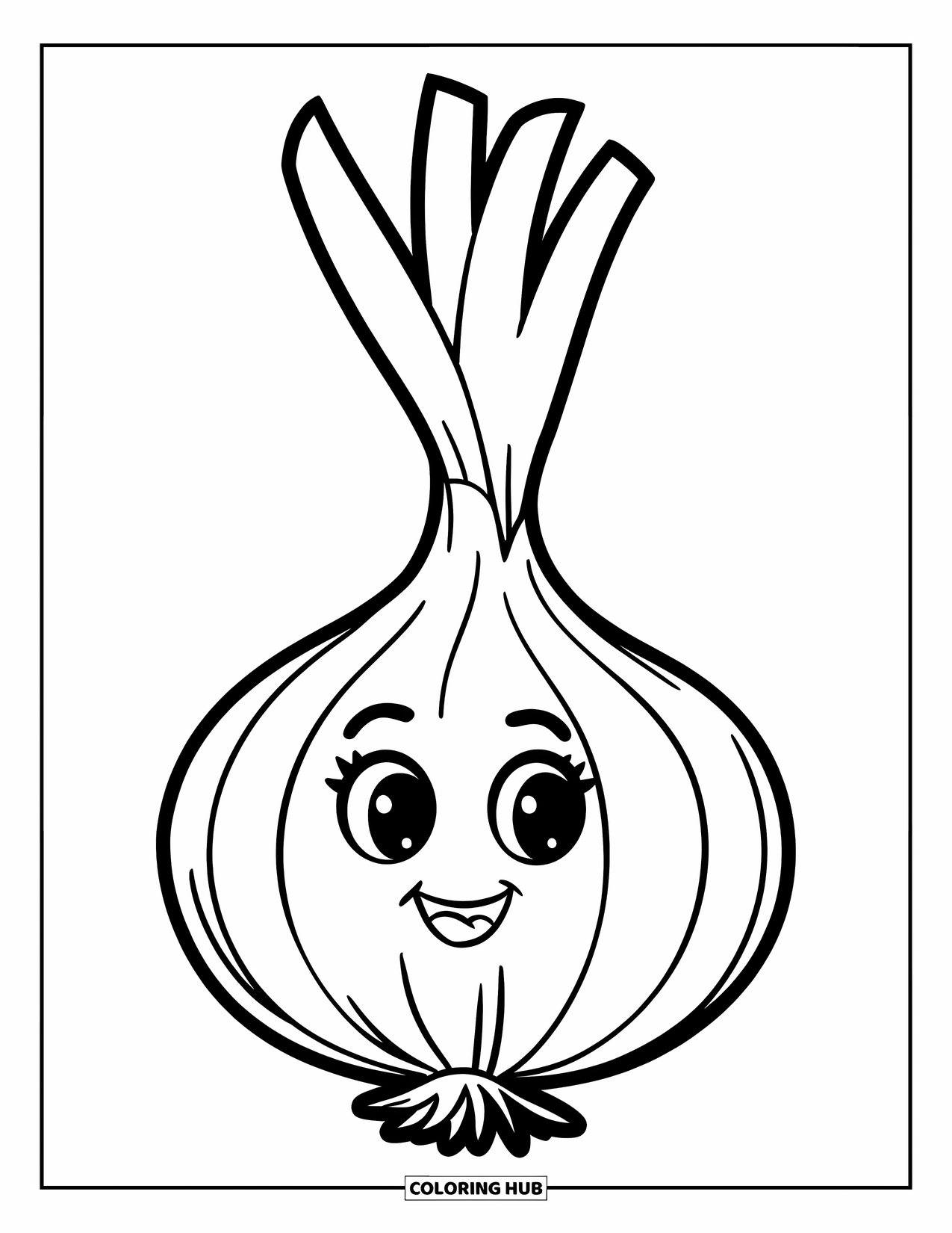 Vegetable Coloring Page for Kids: A smiling onion with sprouting greens brings charm to a clean and happy scene