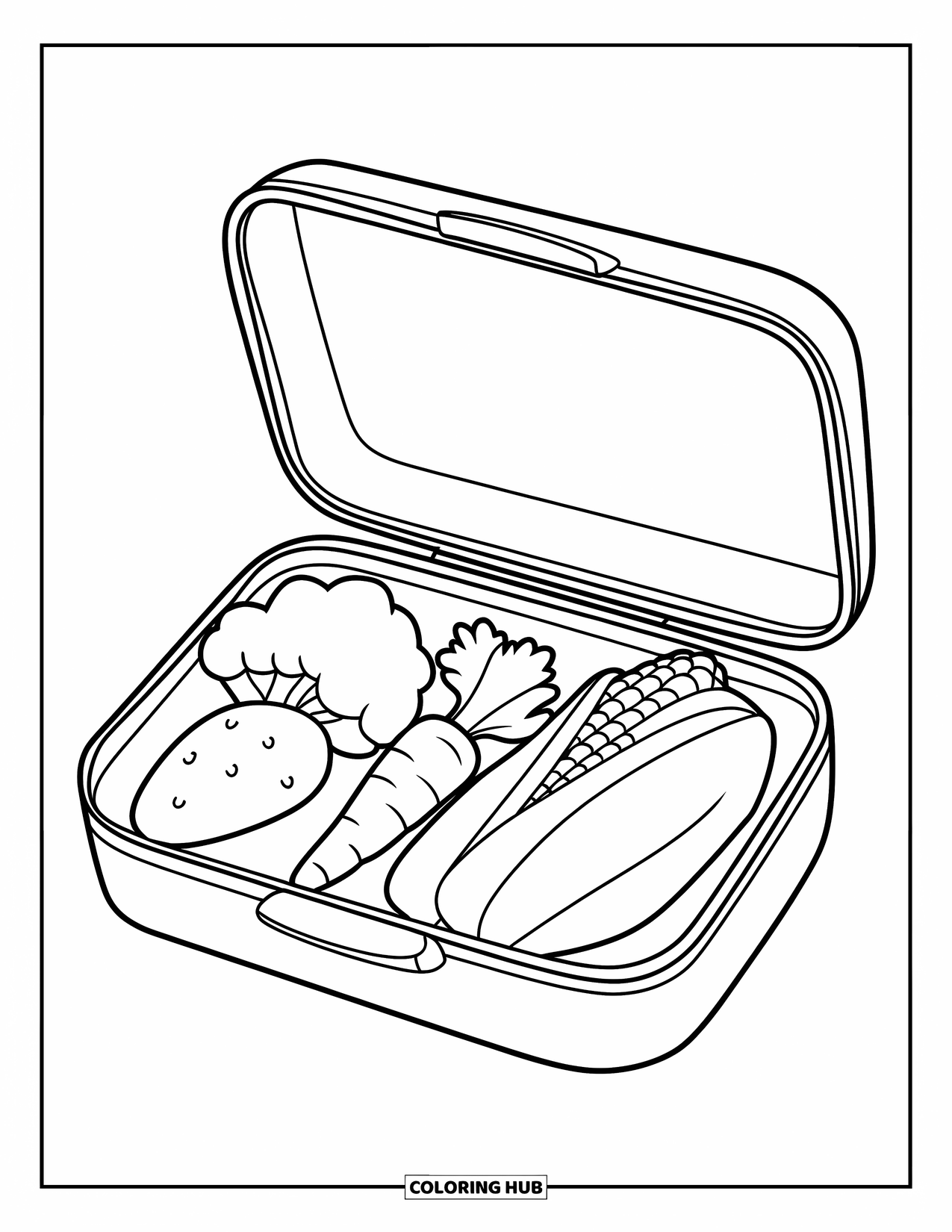 Vegetable Coloring Page for Kids: A tidy lunchbox reveals carrot, broccoli, corn, and potato in organized sections