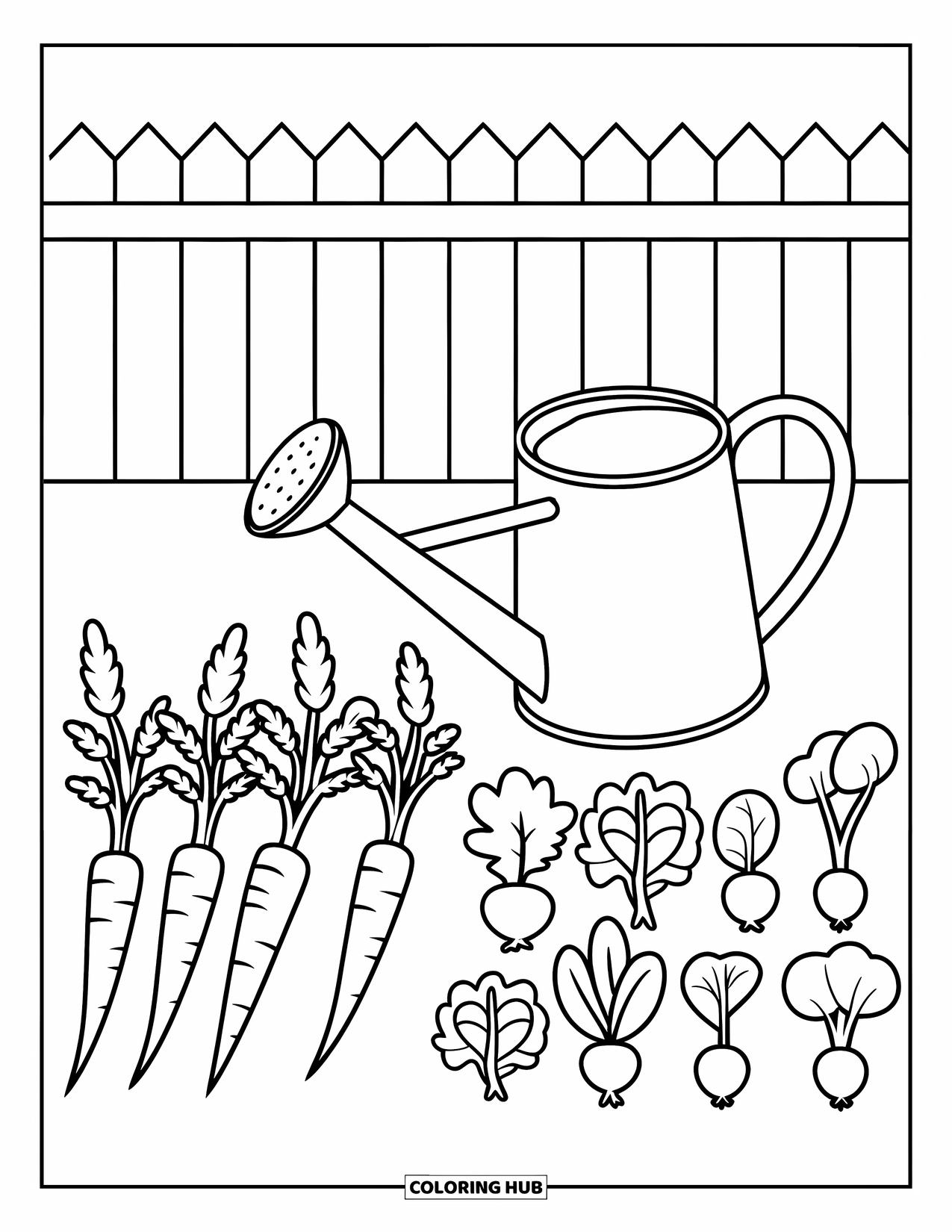 Vegetable Coloring Page for Kids: A watering can rests beside growing carrots, lettuce, and radishes in a fenced garden