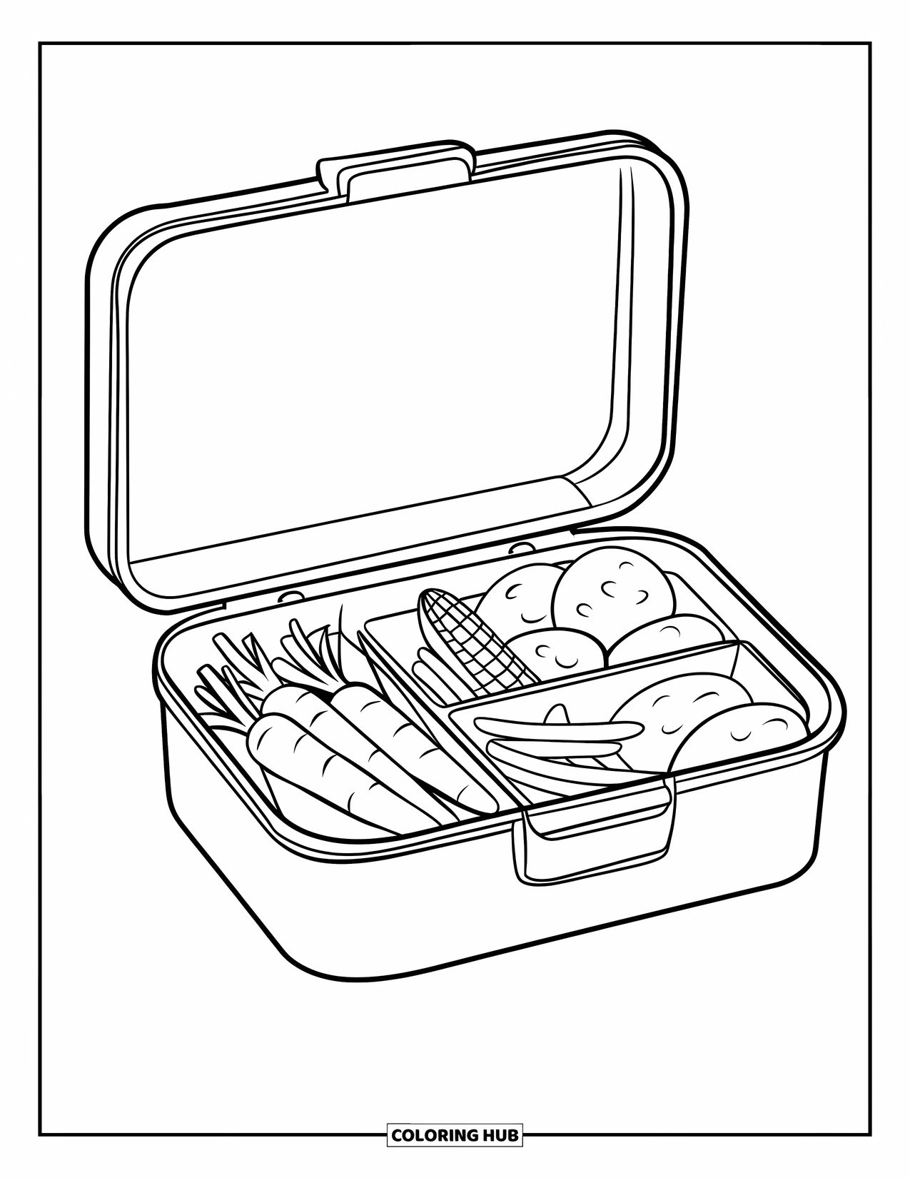 Vegetable Coloring Page for Kids: An open lunchbox shows neatly packed carrots, corn, green beans, and potatoes