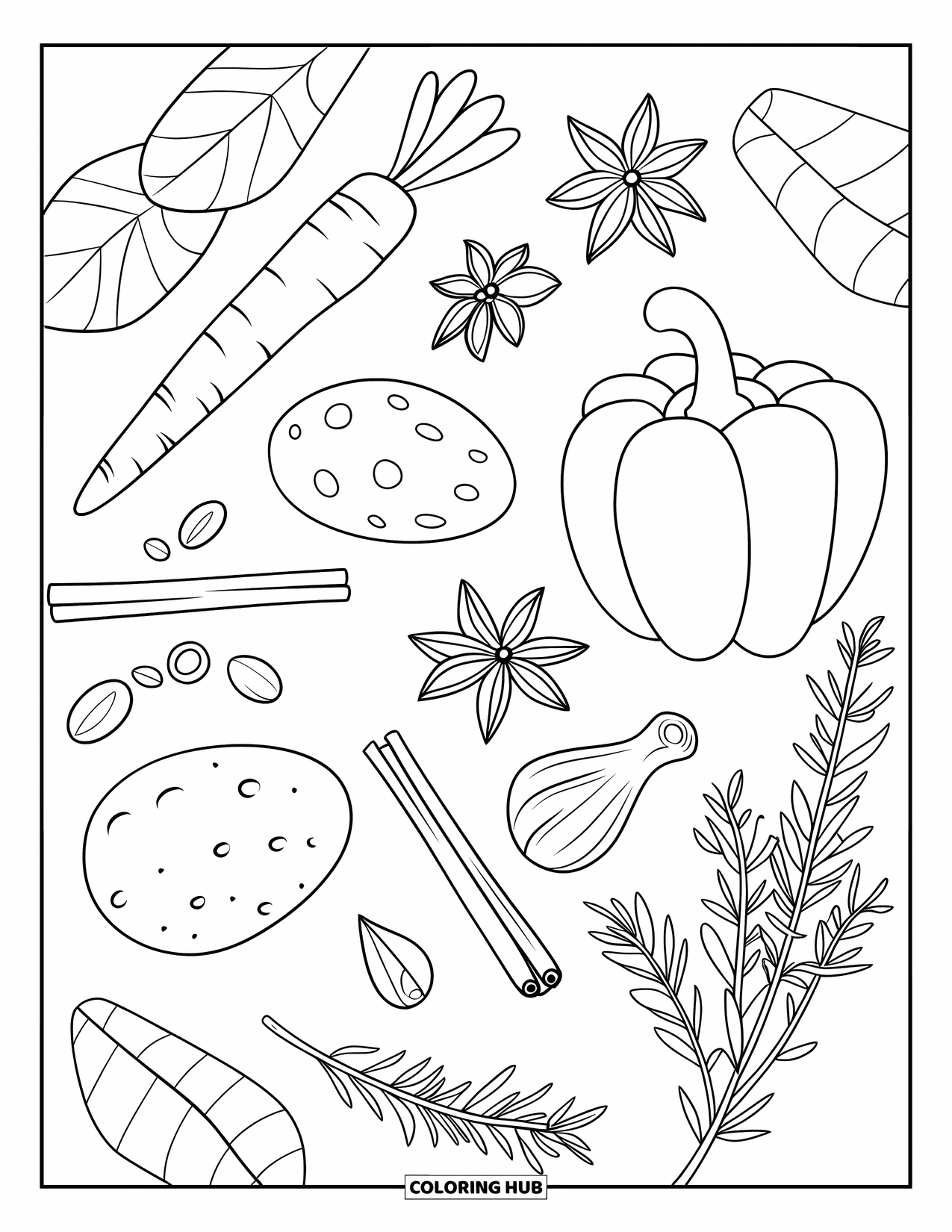Vegetable Coloring Page for Kids: Carrot, pepper, and herbs are arranged beside spices like cinnamon and star anise