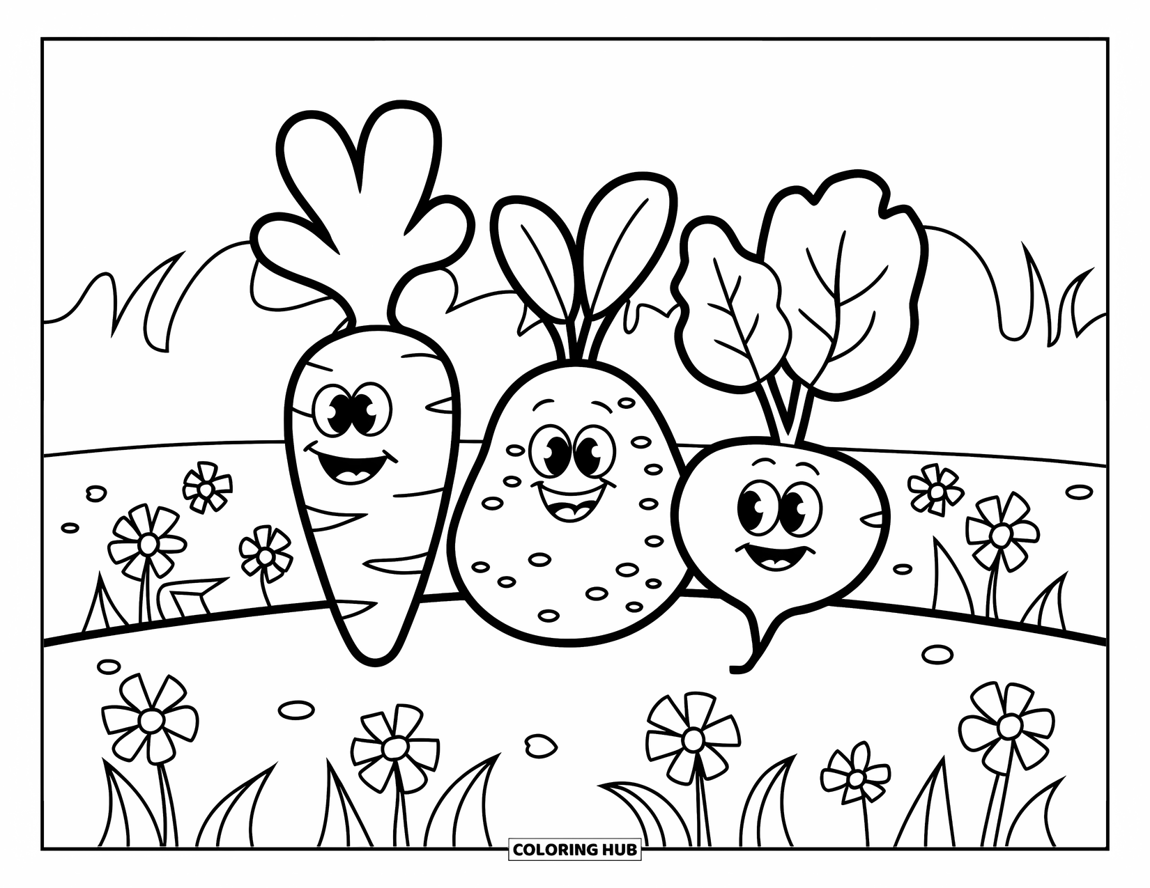 Vegetable Coloring Page for Kids: Carrot, potato, and radish smile above the soil in a friendly garden patch