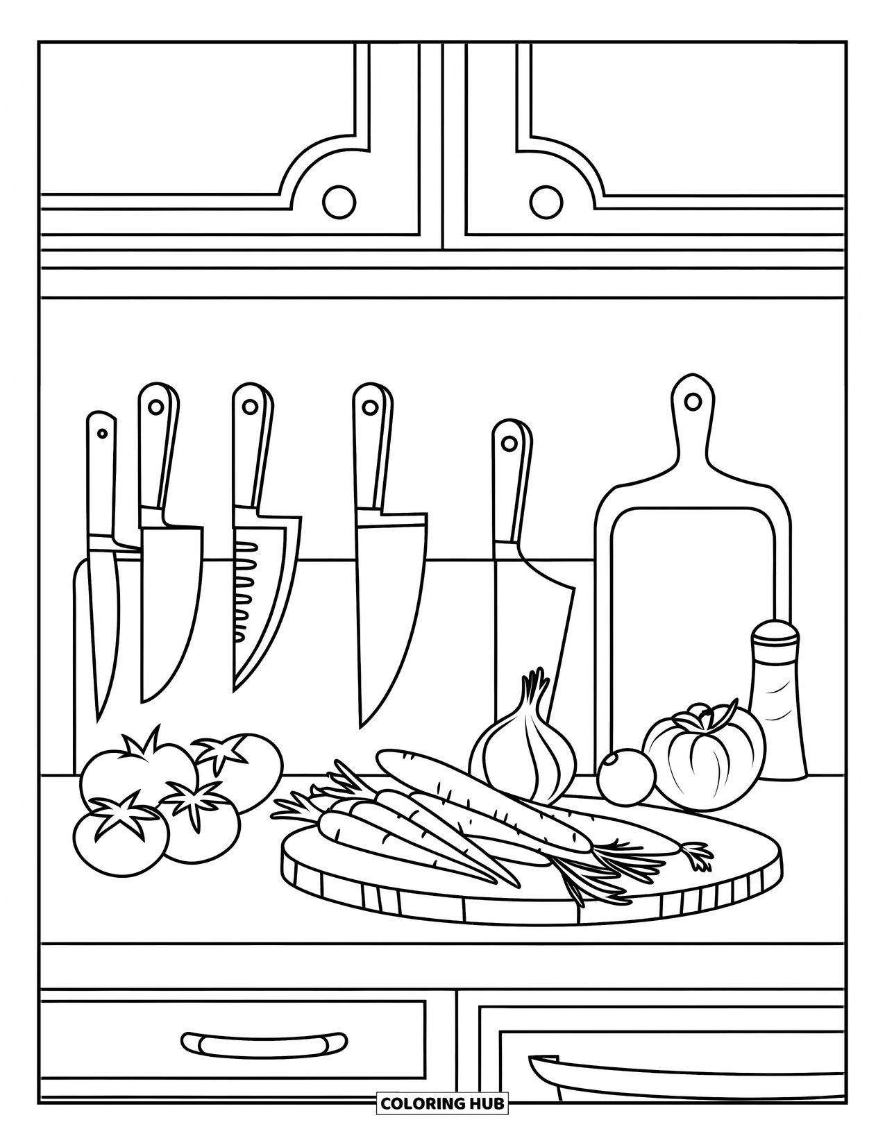 Vegetable Coloring Page for Kids: Carrots, onions, and tomatoes sit ready for prep beside cutting boards and knives