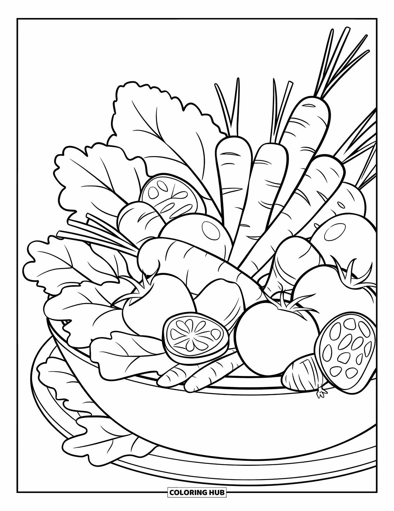 Vegetable Coloring Page for Kids: Carrots, tomatoes, and radishes fill a veggie bowl set on a wooden platter