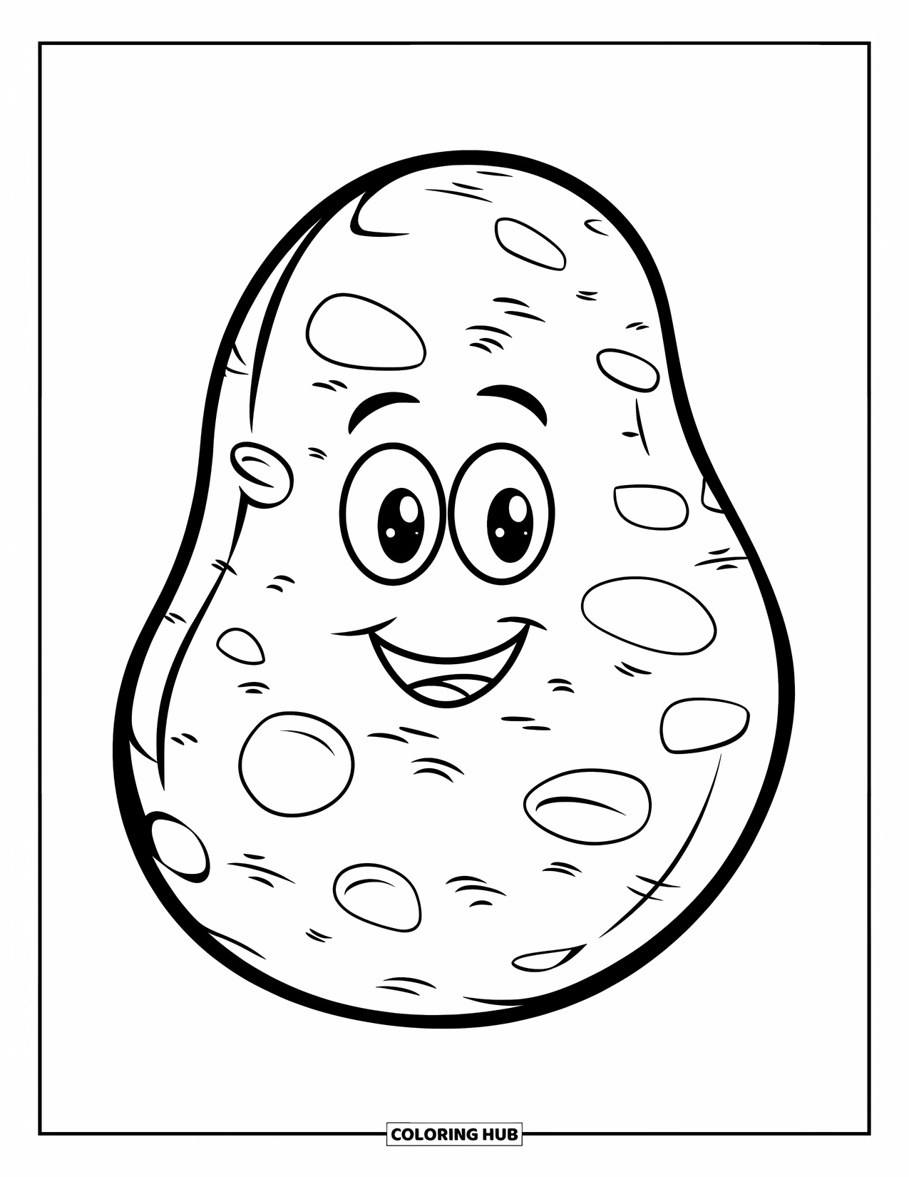 Vegetable Coloring Page for Kids: Cartoon potato with gentle bumps and a soft smile stands alone