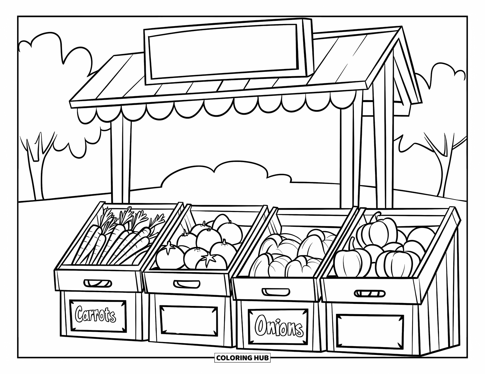Vegetable Coloring Page for Kids: Crates of cheerful veggies rest at a farmer's market stand with a playful sign