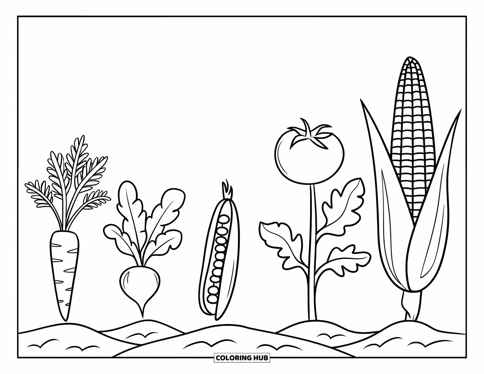 Vegetable Coloring Page for Kids: Five vegetables sprout from garden soil, each at a different stage of growth