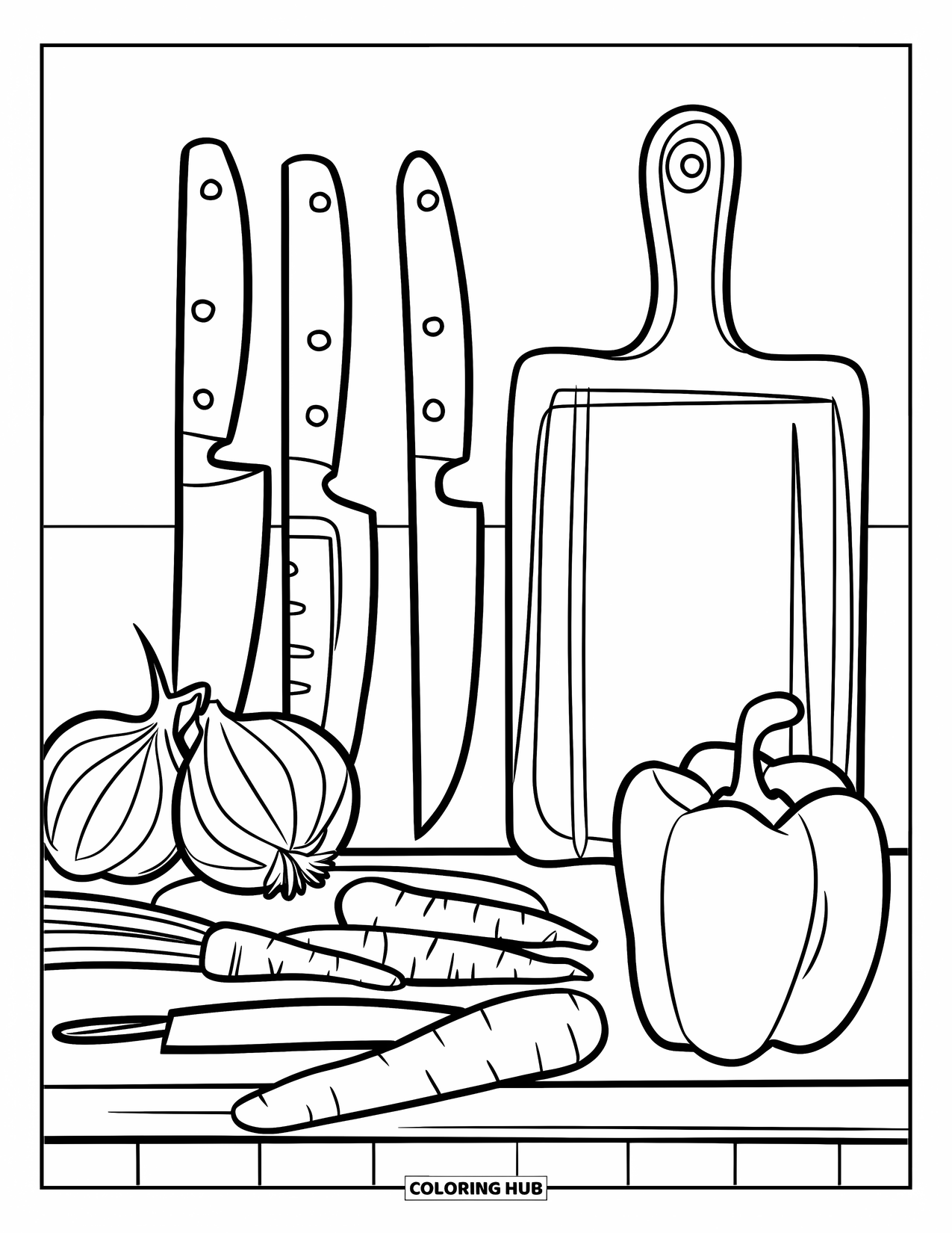 Vegetable Coloring Page for Kids: Onions and peppers rest on a kitchen counter mid-prep with cutting tools beside them