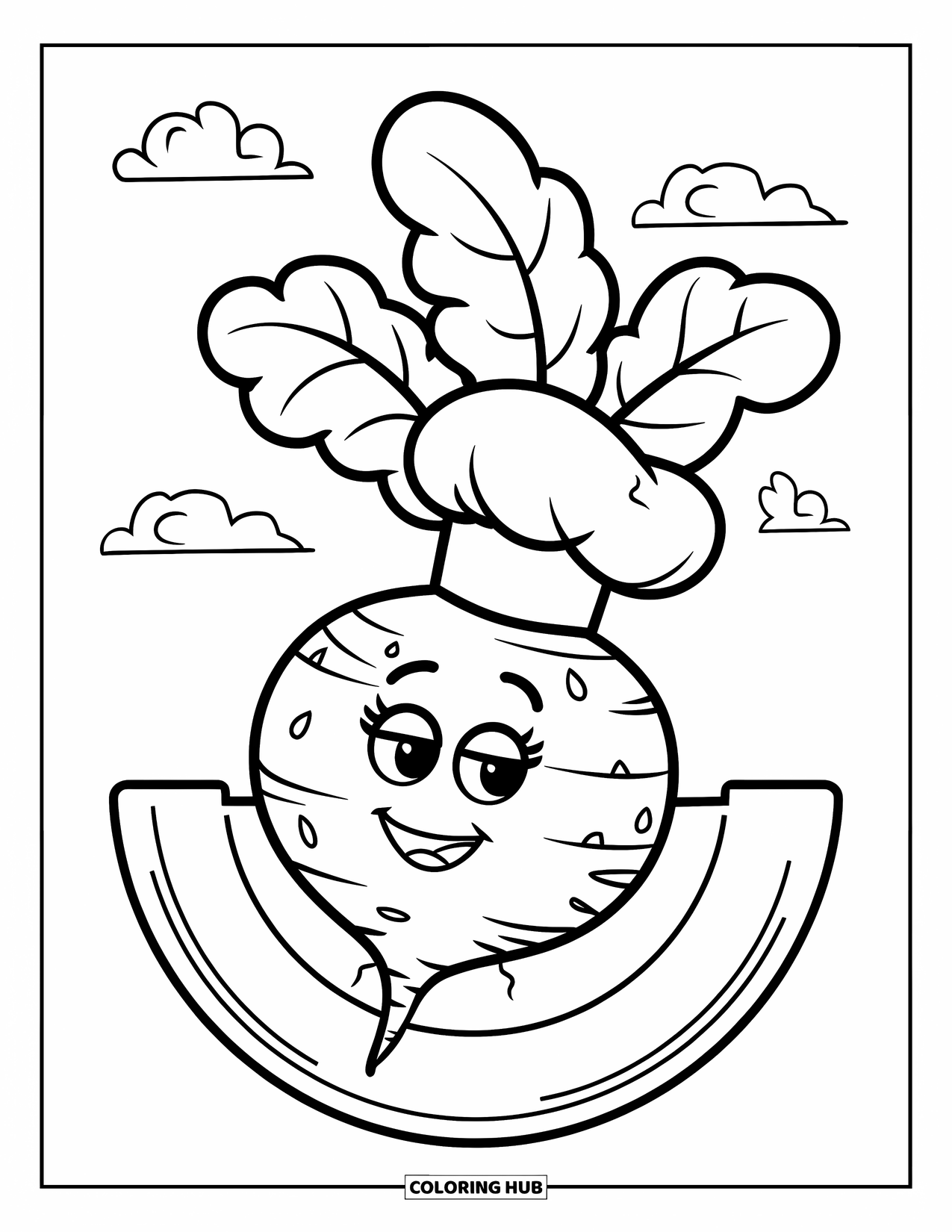 Vegetable Coloring Page for Kids: Radish with a chef's hat smiles from a plate under a sky with clouds