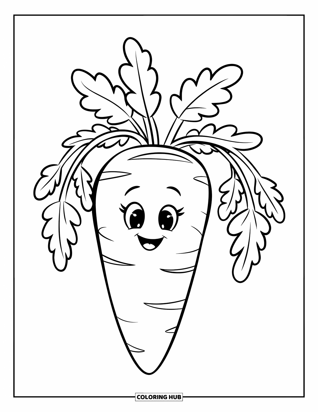 Vegetable Coloring Page for Kids: Smiling carrot with large leafy greens stands proudly