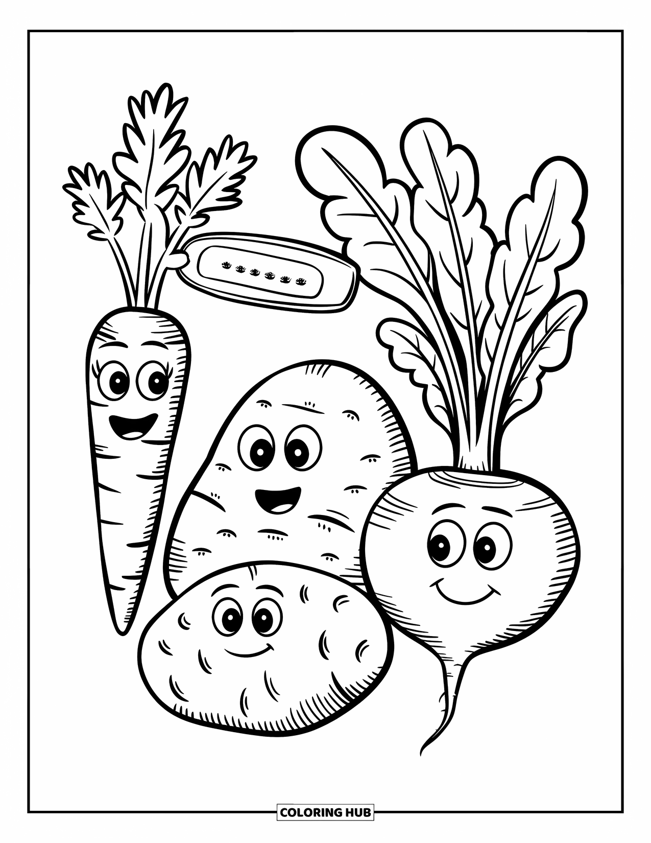 Vegetable Coloring Page for Kids: Smiling root veggies with tiny labels line up, showing off their names and growth details