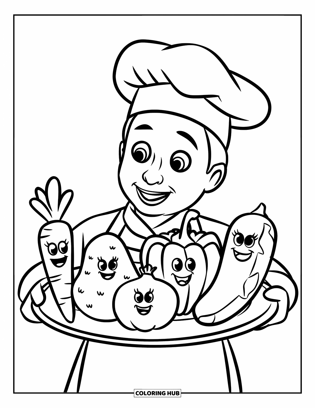 Vegetable Coloring Page for Kids: Smiling veggies sit on a tray held by a cheerful chef in a hat and apron