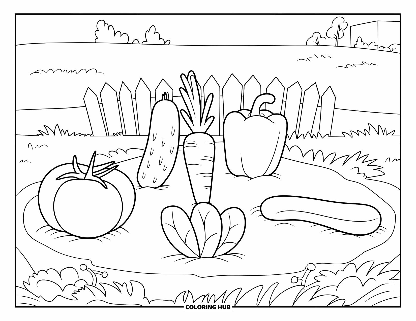 Vegetable Coloring Page for Kids: Tomato, cucumber, and pepper grow in a small fenced garden near a distant house