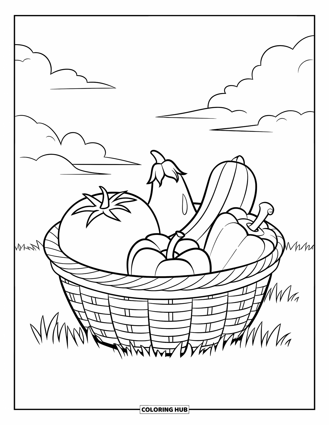 Vegetable Coloring Page for Kids: Tomato, eggplant, and zucchini sit in a woven basket under a clear, fluffy sky