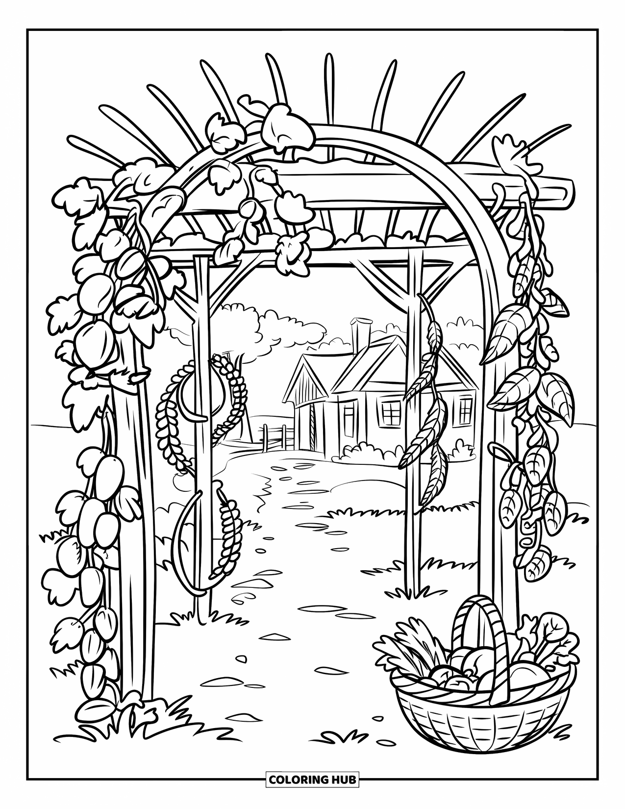 Vegetable Coloring Page for Kids: Trellises and veggie vines lead to a cottage with a basket of garden harvest