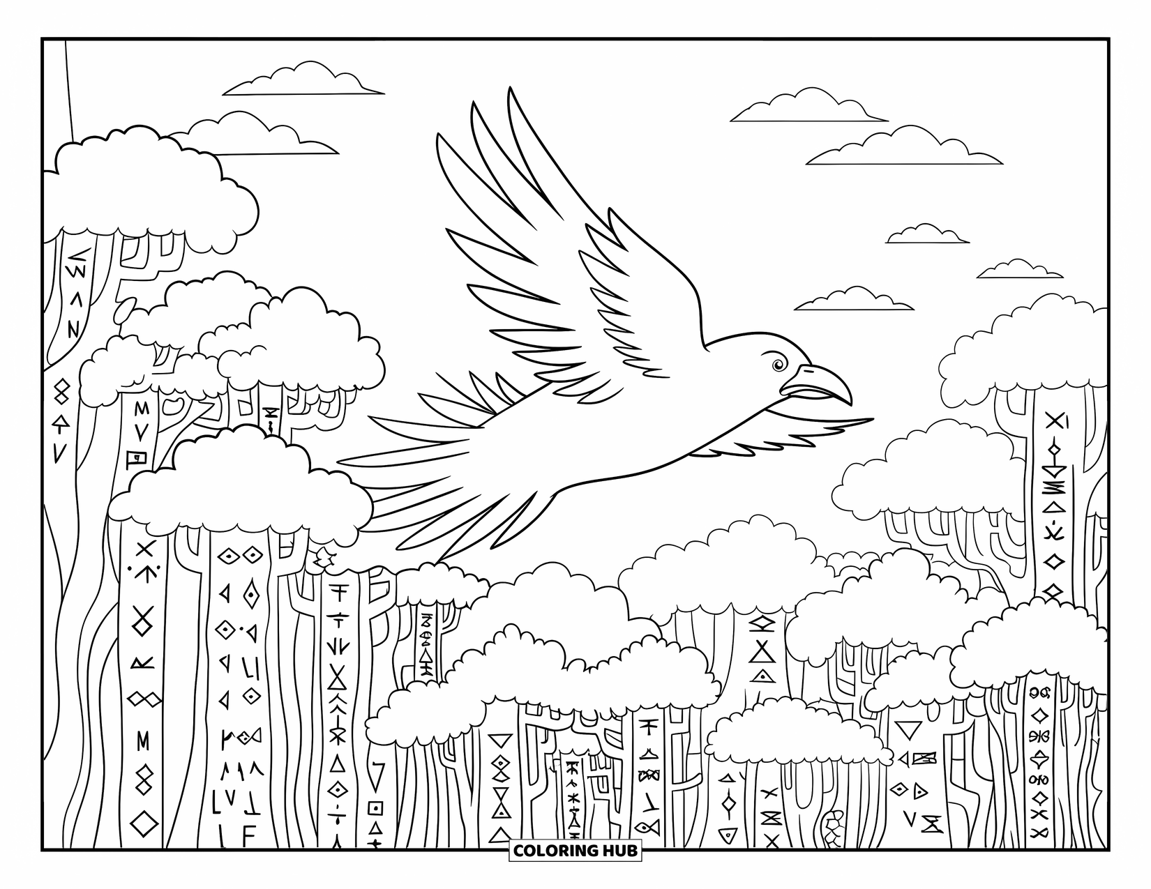 Viking Coloring Page for Adults: A chibi raven flies over a misty forest filled with glowing runes