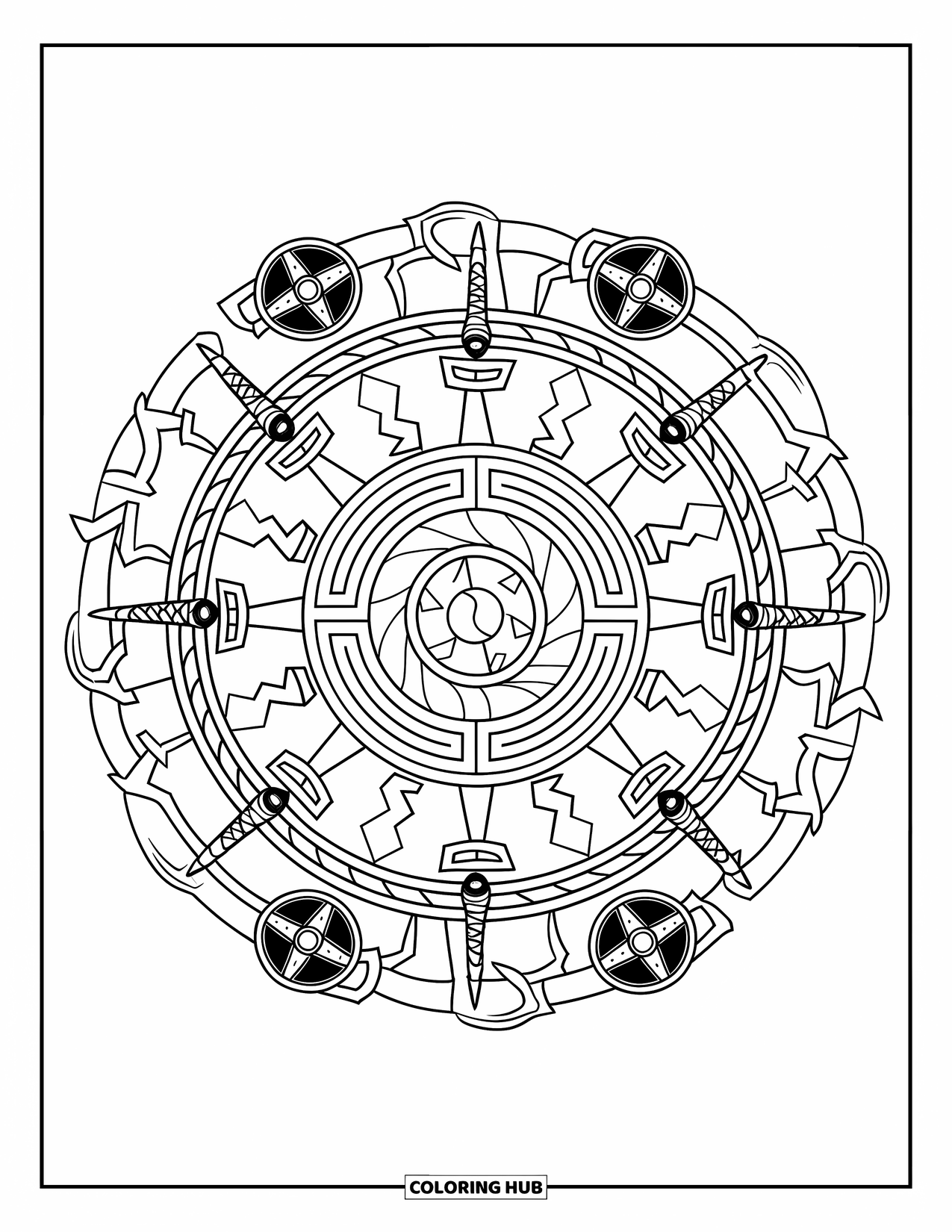 Viking Coloring Page for Adults: A chibi-style Viking mandala with tiny shields, weapons, and curvy runes
