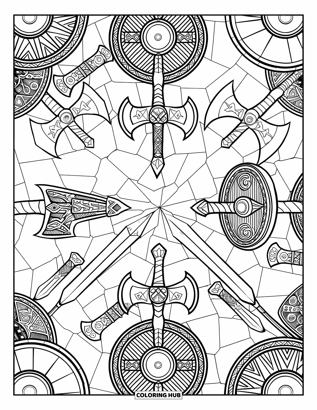 Viking Coloring Page for Adults: A circular mandala filled with Viking swords, shields, and ancient runes