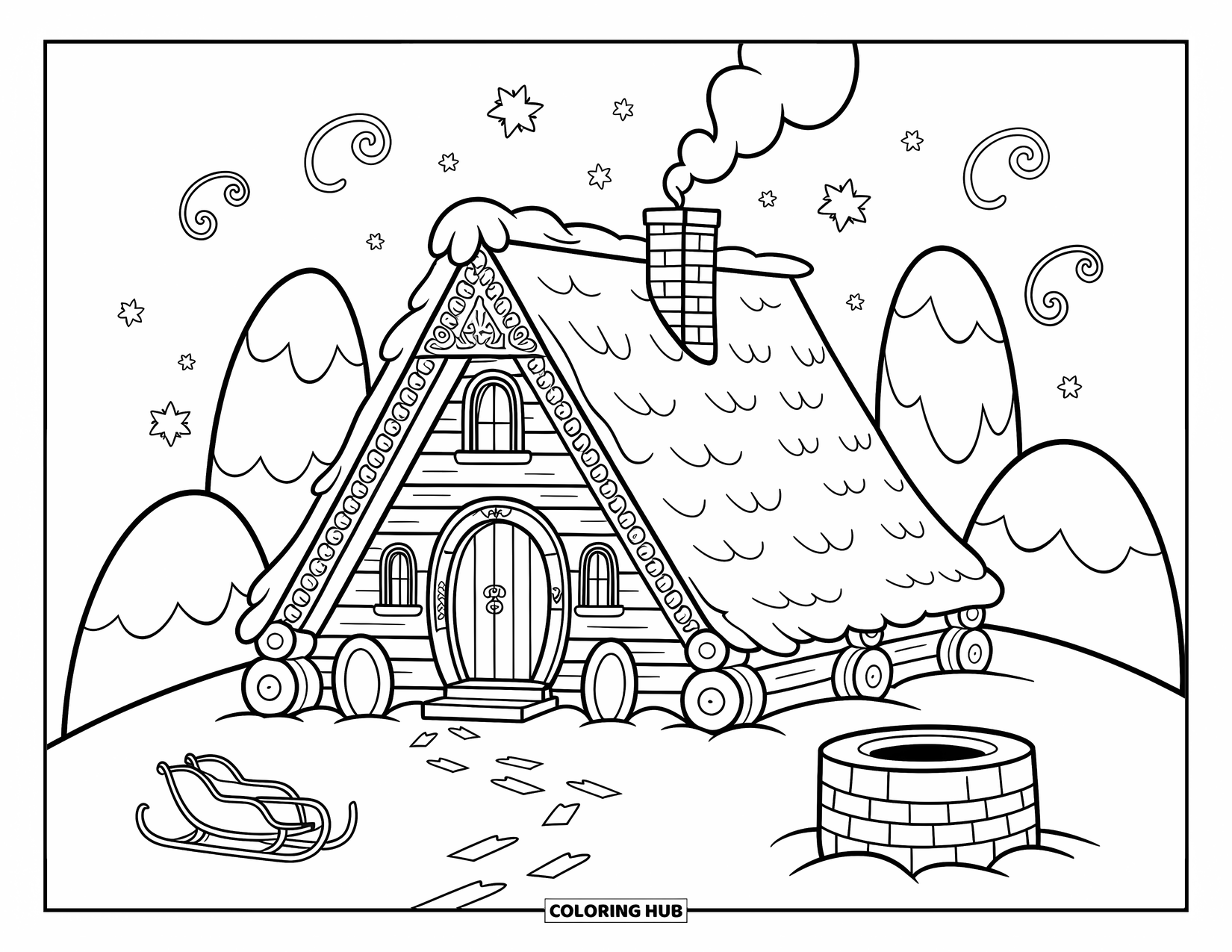 Viking Coloring Page for Adults: A cozy Viking cabin sits among snowy trees with lanterns glowing and snowflakes falling