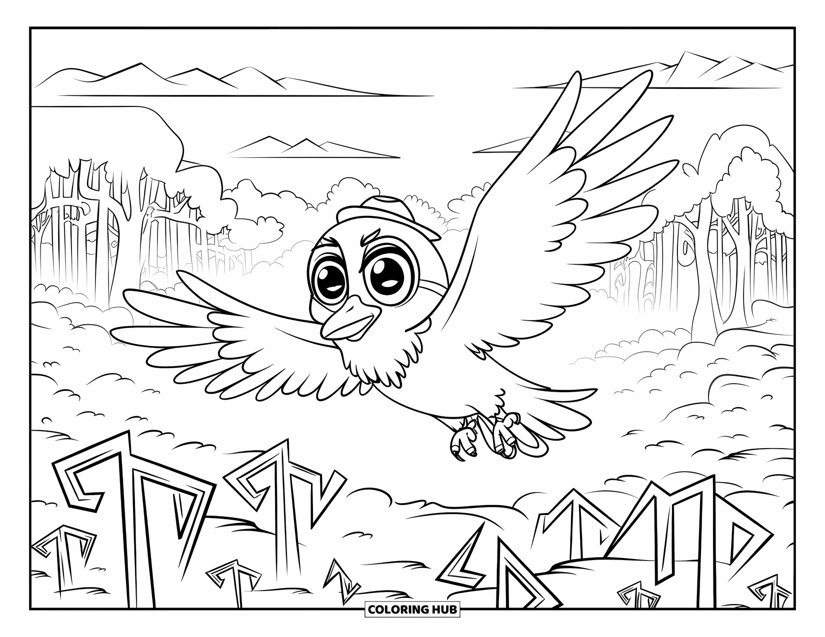 Viking Coloring Page for Adults: A cute raven with big eyes soars above a rune-covered forest and cloudy sky