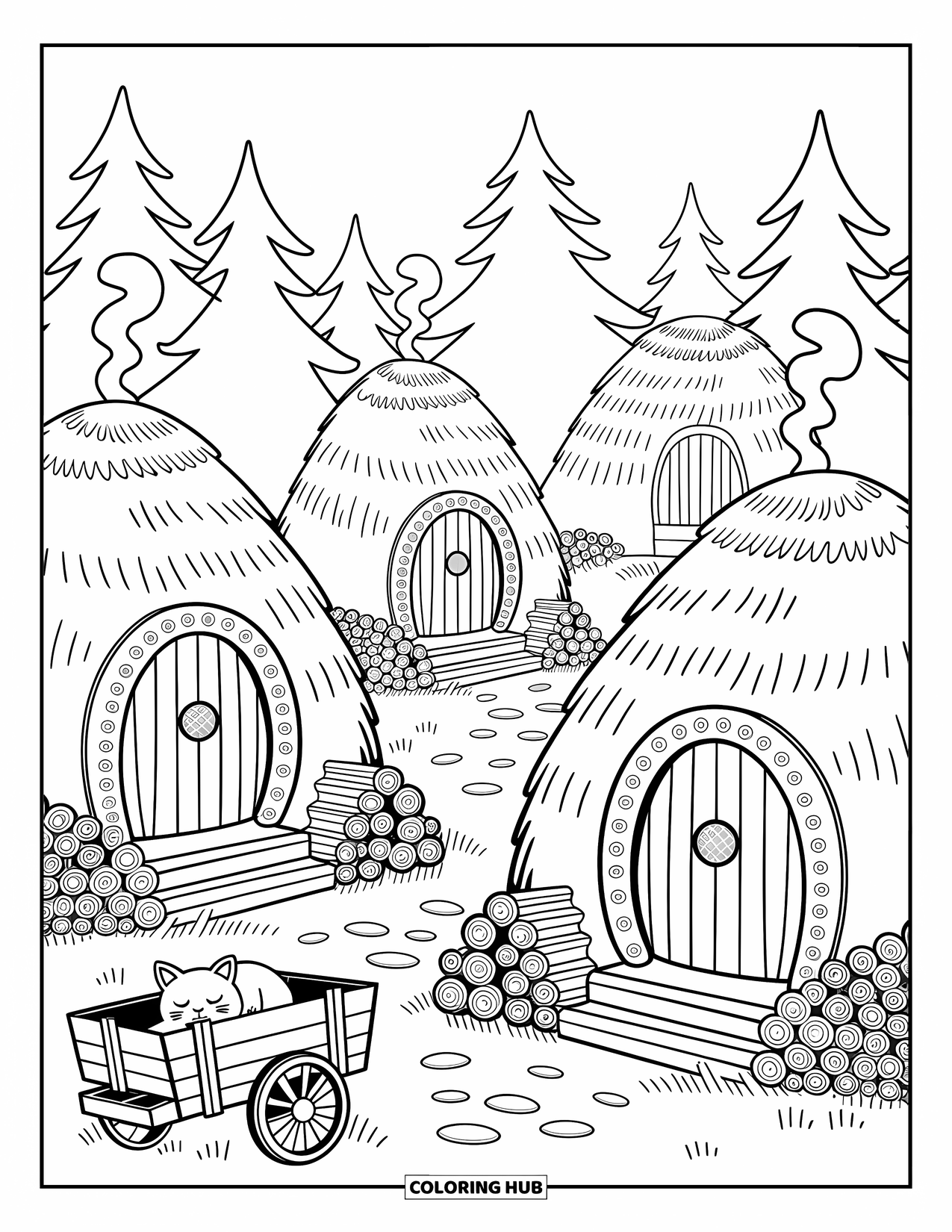 Viking Coloring Page for Adults: A cute Viking village has thatched huts, rune doors, and a cat sleeping on the porch