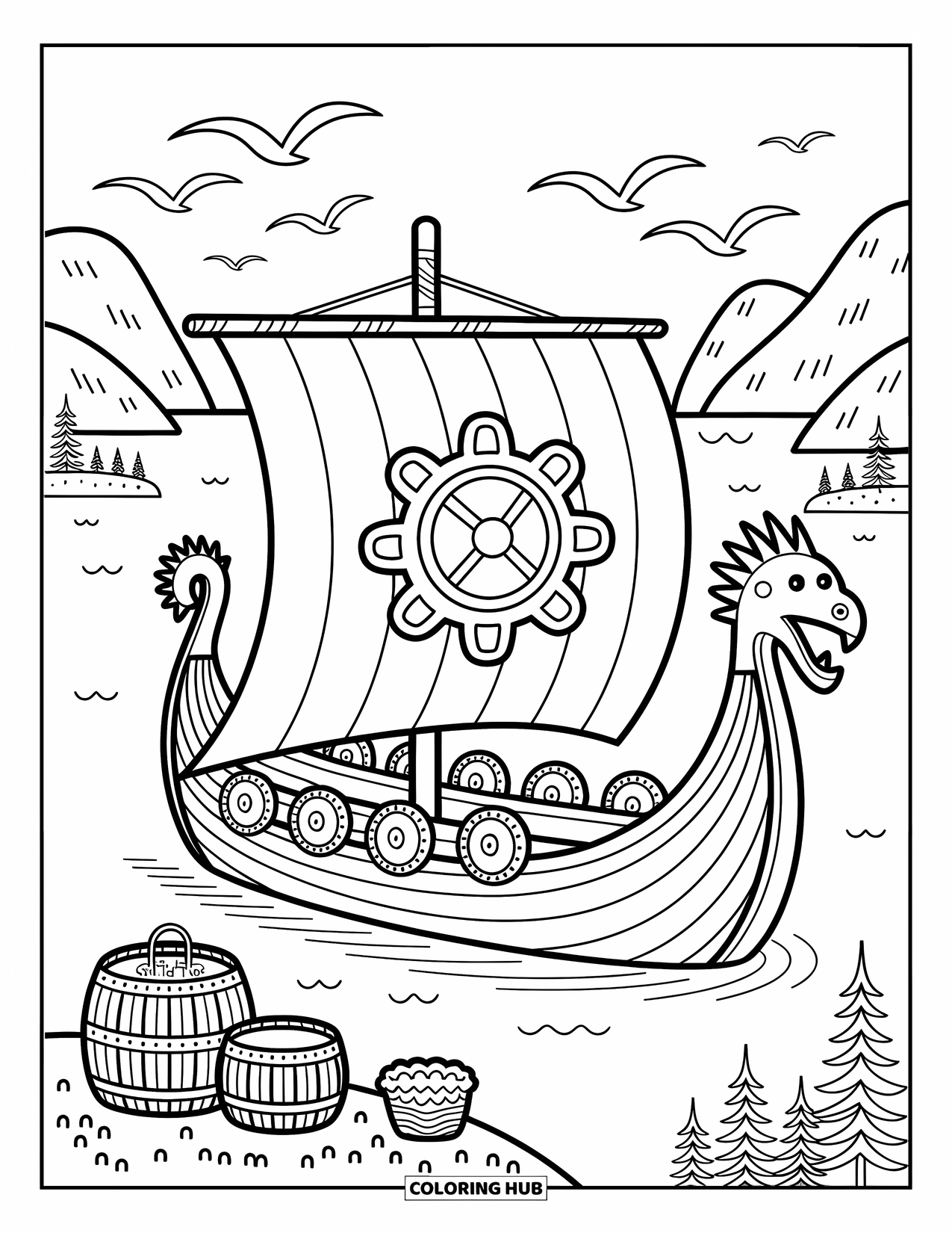Viking Coloring Page for Adults: A dragon-headed ship sails smoothly with barrels and seagulls under soft, rounded hills