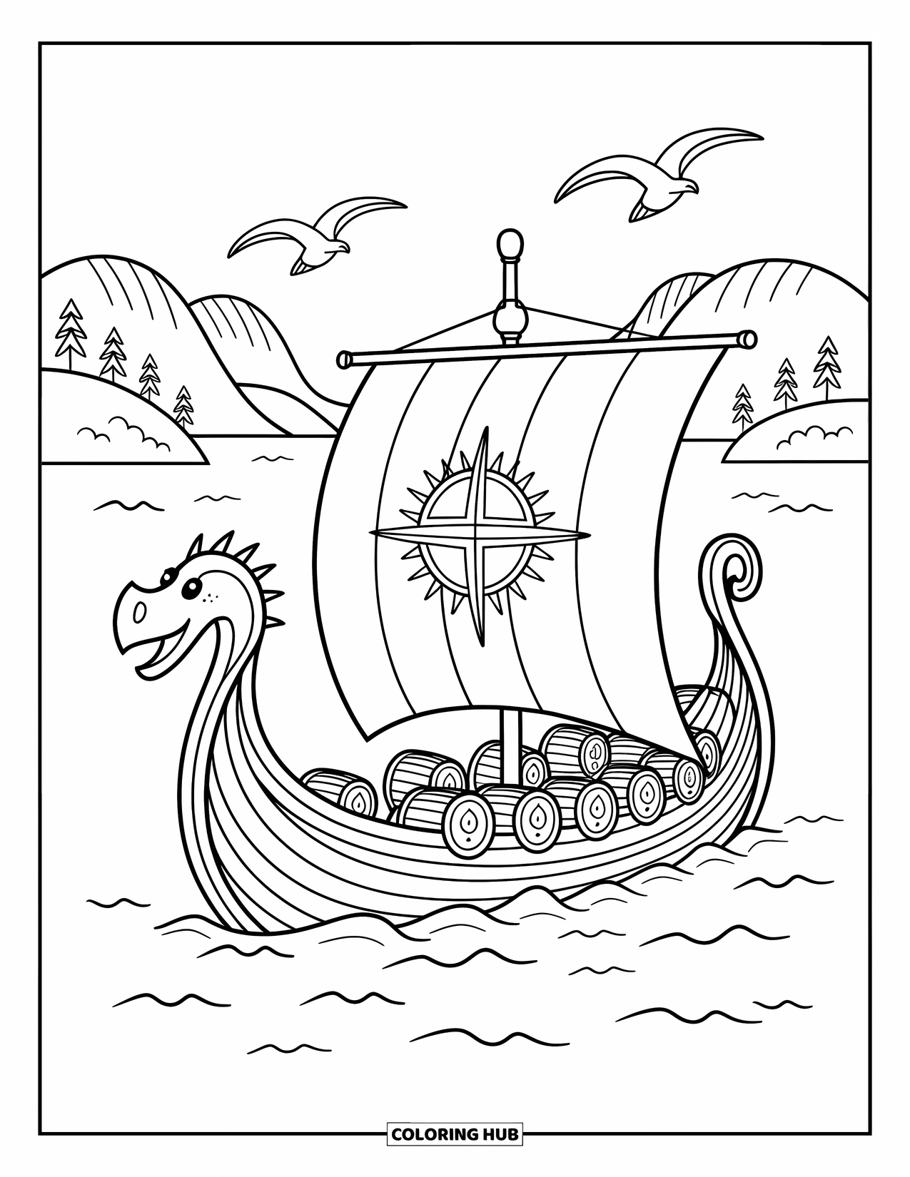 Viking Coloring Page for Adults: A peaceful Viking boat floats past hills and pines with a sail full of Norse charm