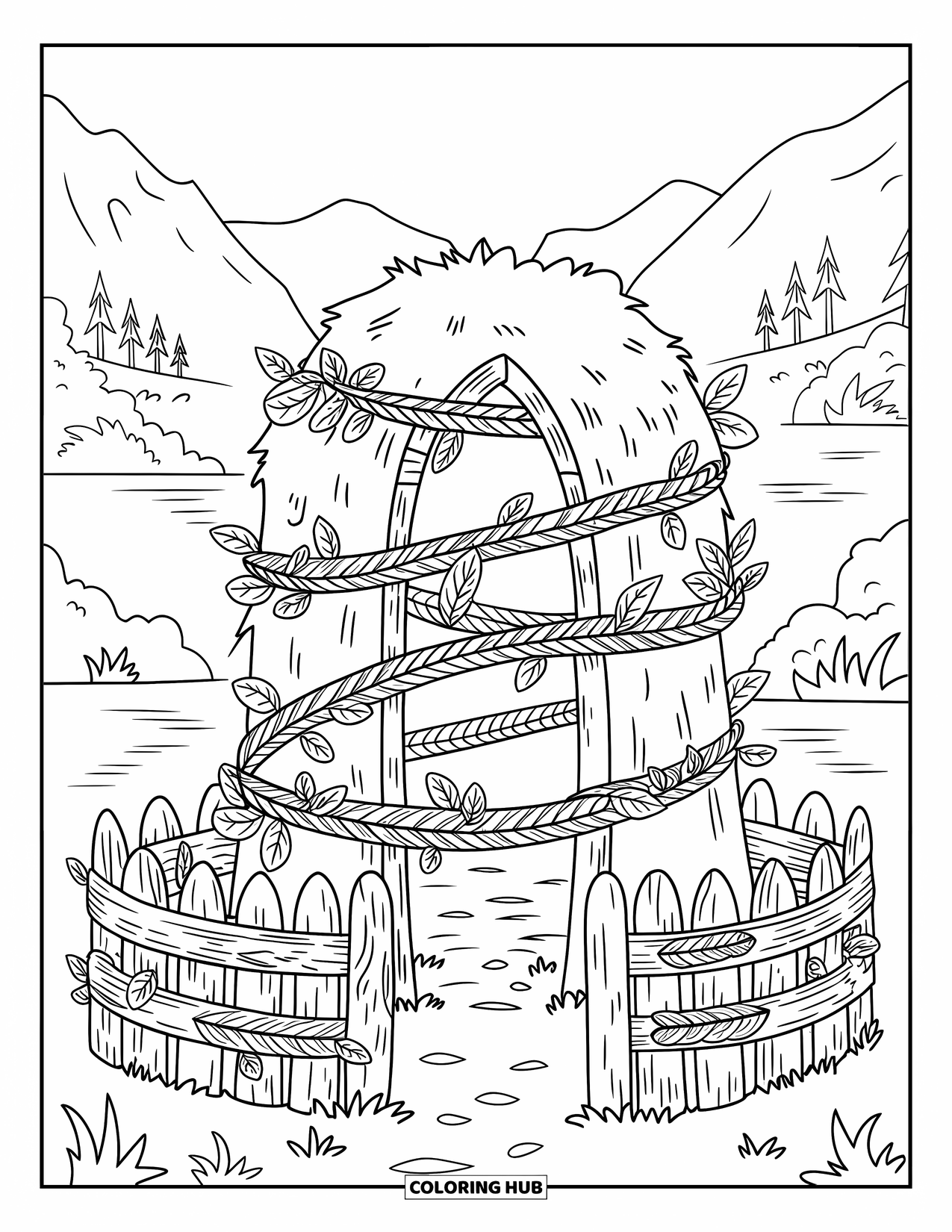 Viking Coloring Page for Adults: A ruined Viking temple wrapped in Norse vines sits by a quiet lake and mountains