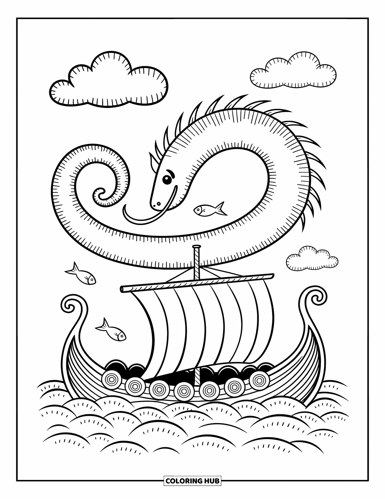 Viking Coloring Page for Adults: A sea serpent dances around a Viking ship while fish leap and clouds drift above