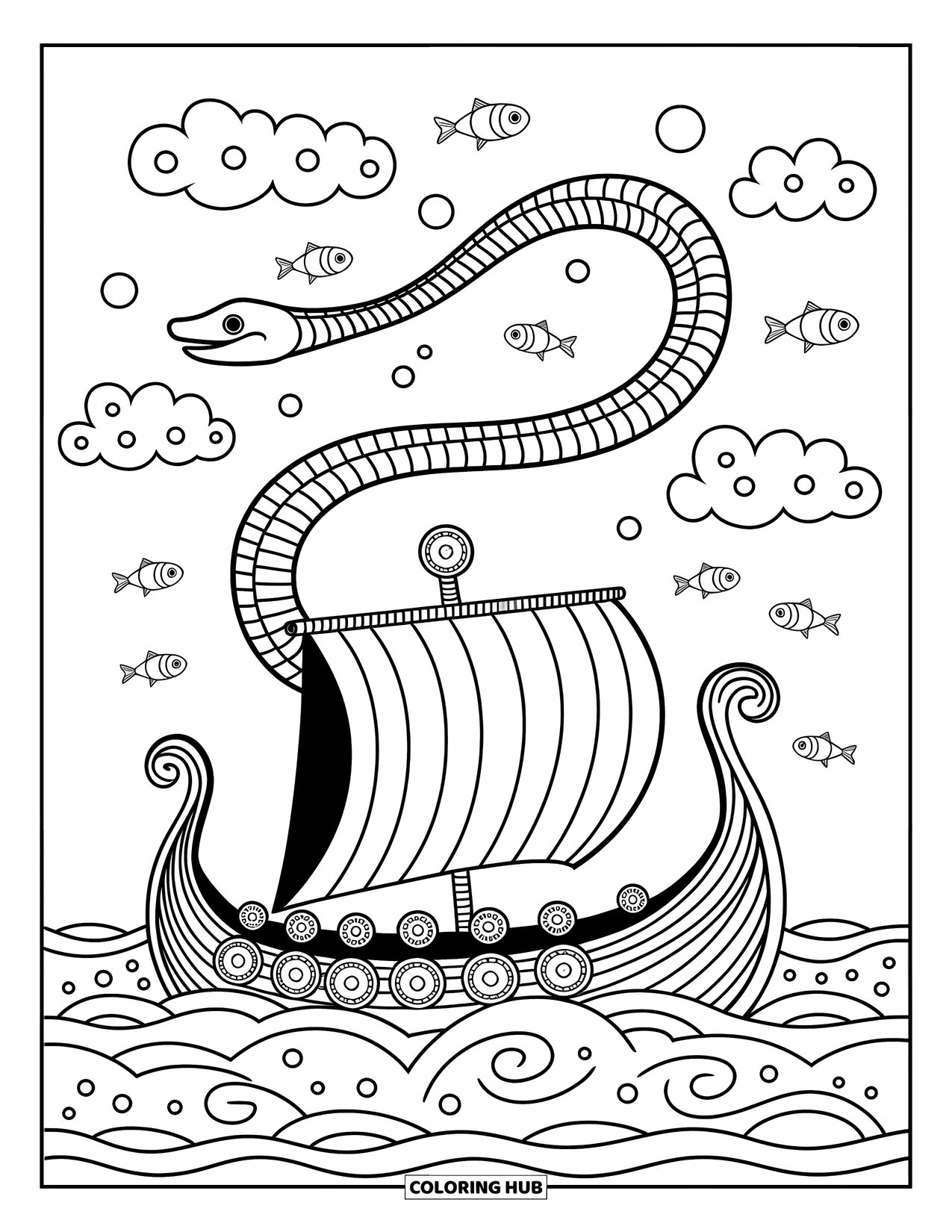 Viking Coloring Page for Adults: A serpent curls around a Viking ship under puffy clouds and leaping fish