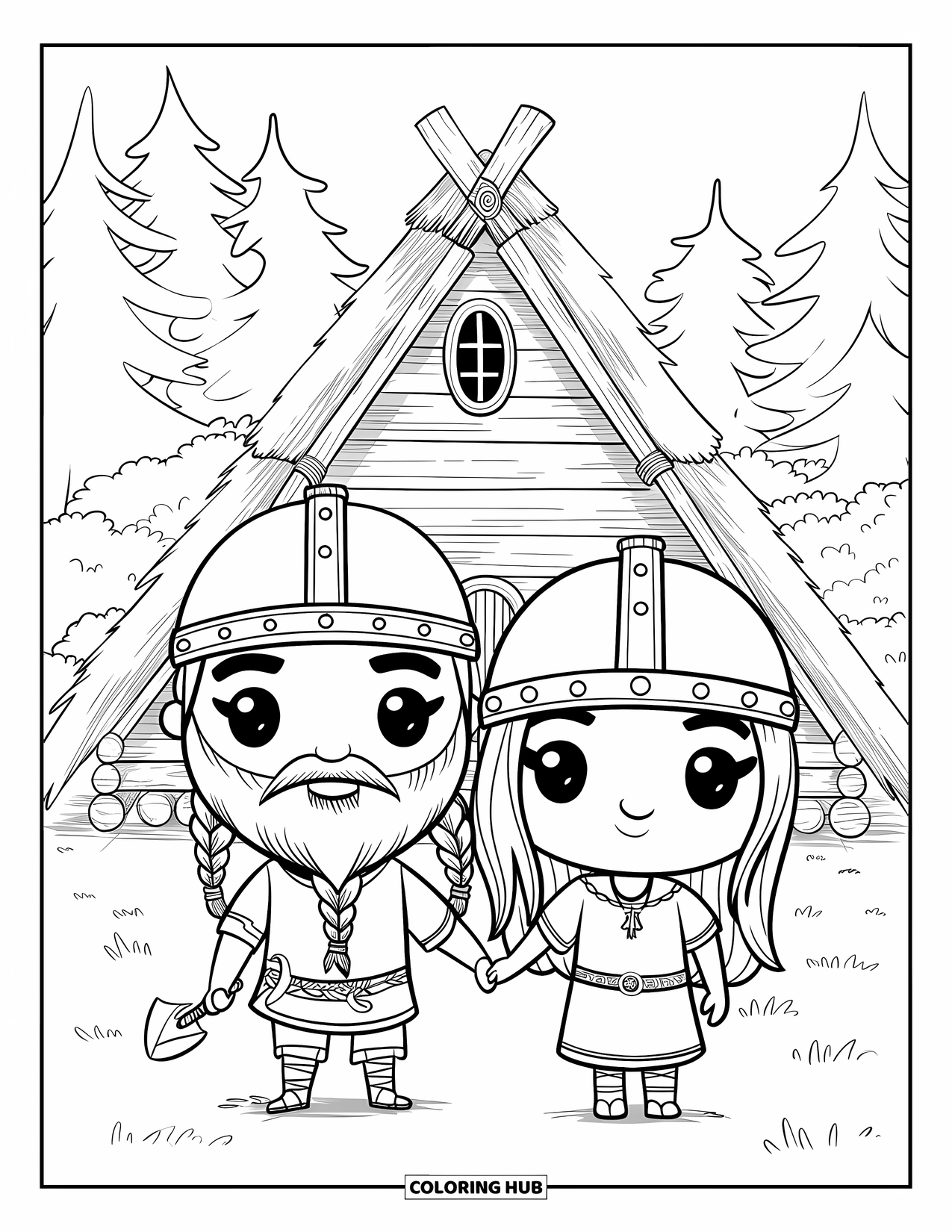 Viking Coloring Page for Adults: A Viking couple stands happily by a longhouse with trees all around