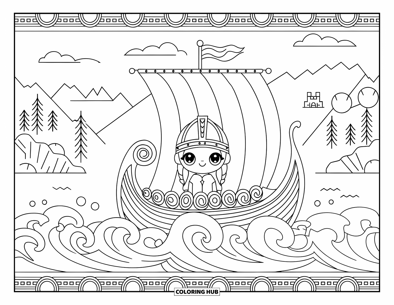 Viking Coloring Page for Adults: A Viking girl sits calmly in a ship as swirling waves surround her