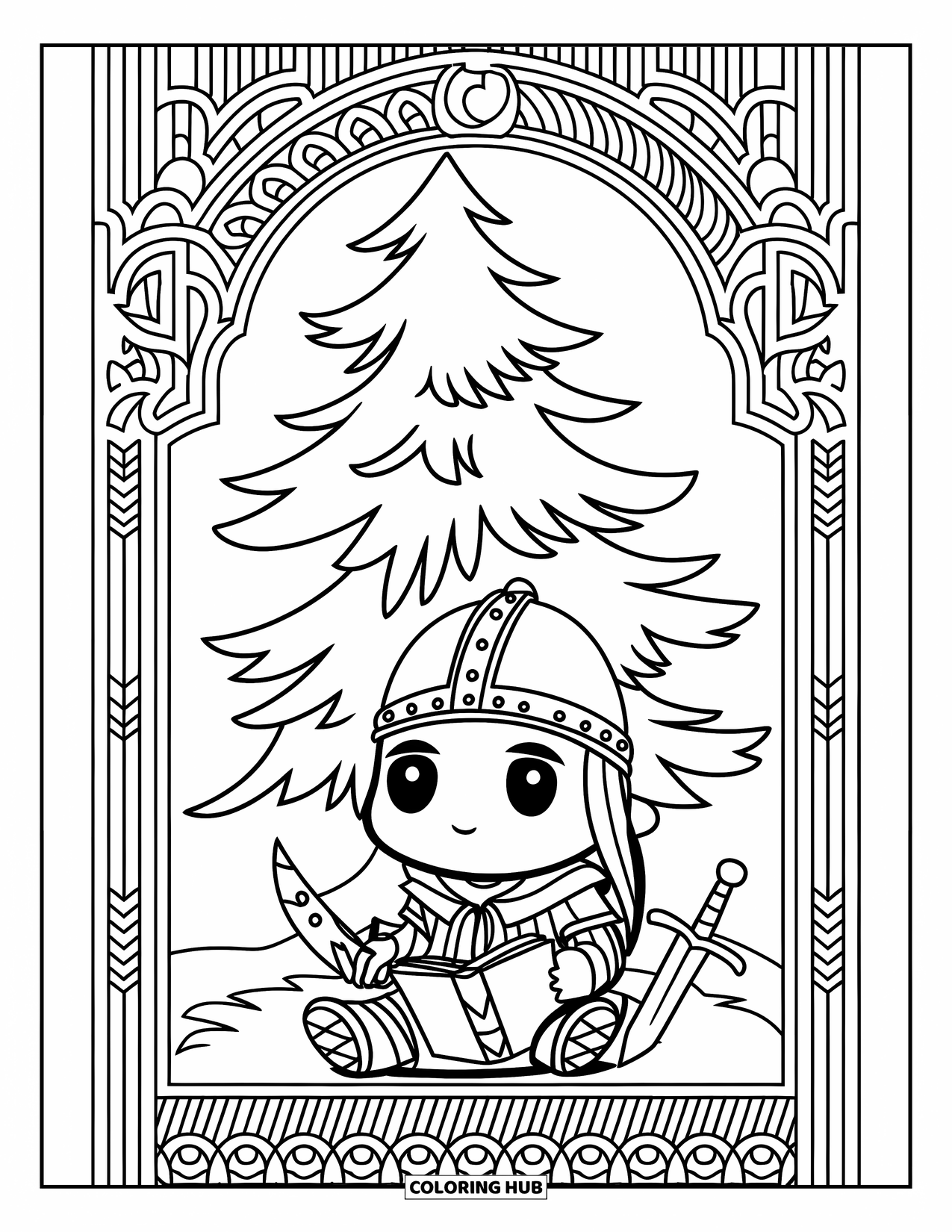 Viking Coloring Page for Adults: A Viking rests under a pine tree with a journal and sword beside him