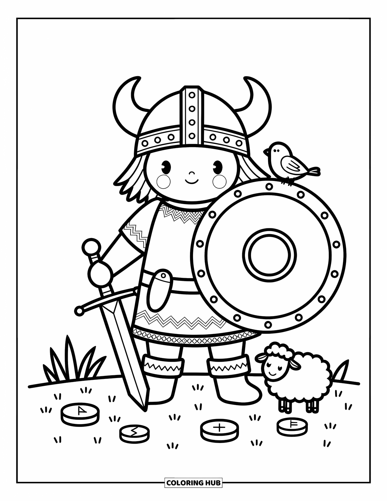 Viking Coloring Page for Adults: A Viking warrior stands proudly with a shield, bird, and wooly sheep at their feet