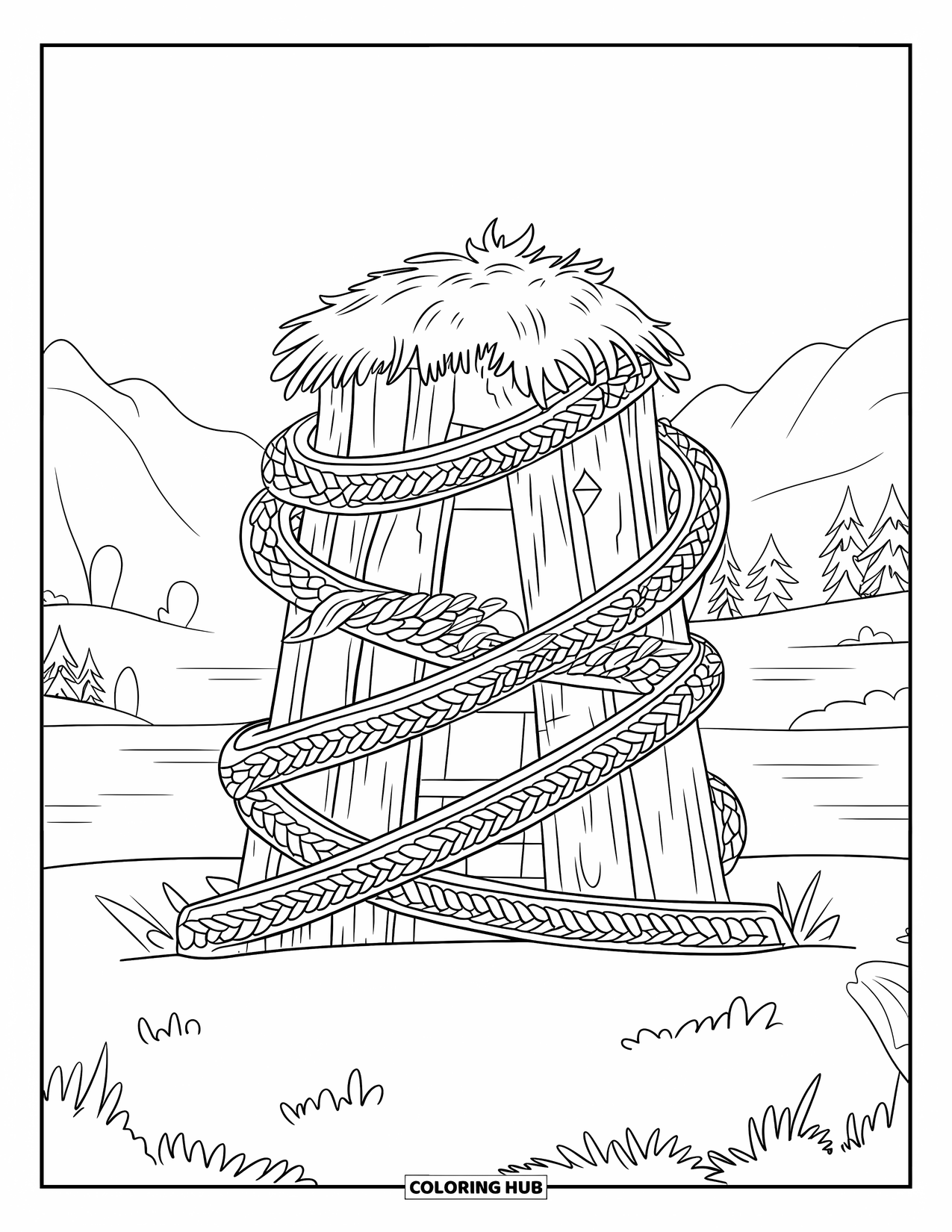 Viking Coloring Page for Adults: A wooden Viking temple is covered in braided vines with peaceful hills and a lake
