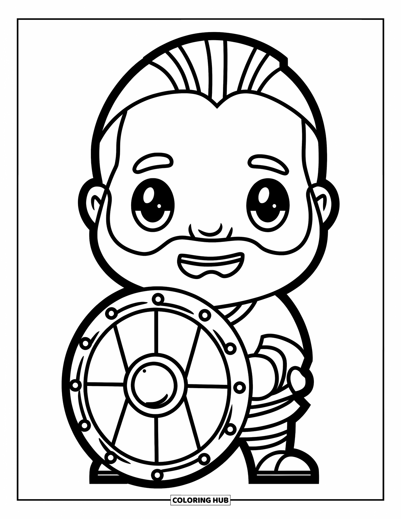 Viking Coloring Page for Kids: A bearded Viking boy grins while holding a bold round shield
