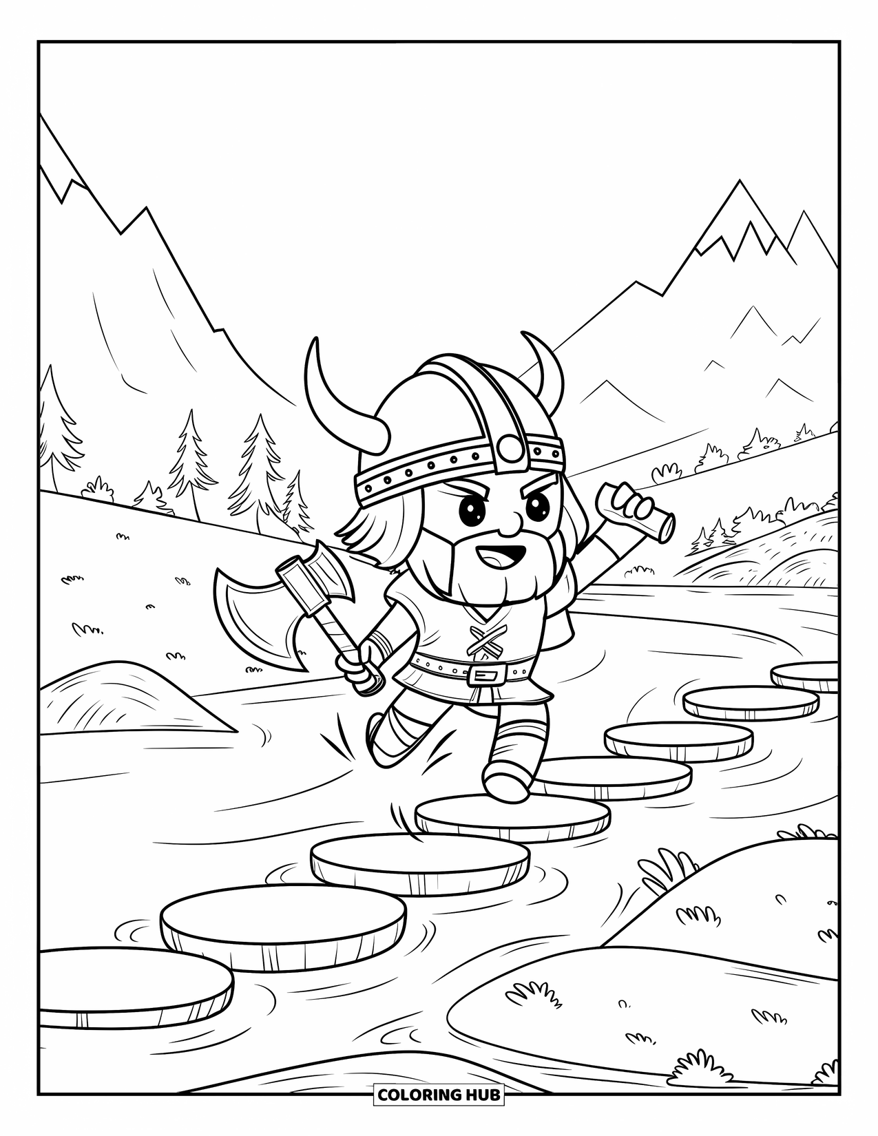 Viking Coloring Page for Kids: A chibi Viking leaps across stones in a river with trees and hills nearby
