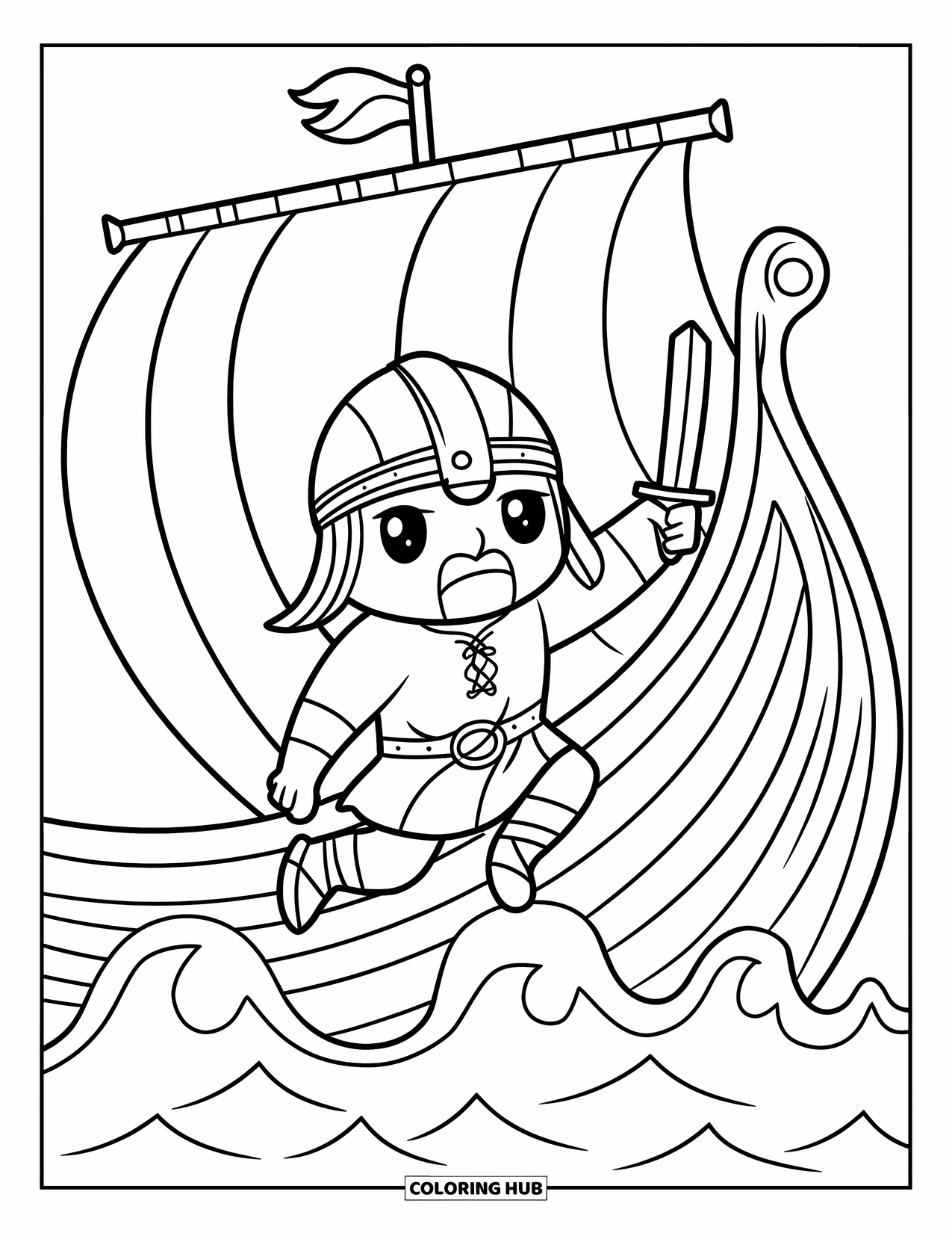Viking Coloring Page for Kids: A chibi Viking leaps off a ship holding a soft-edged sword over wavy waters