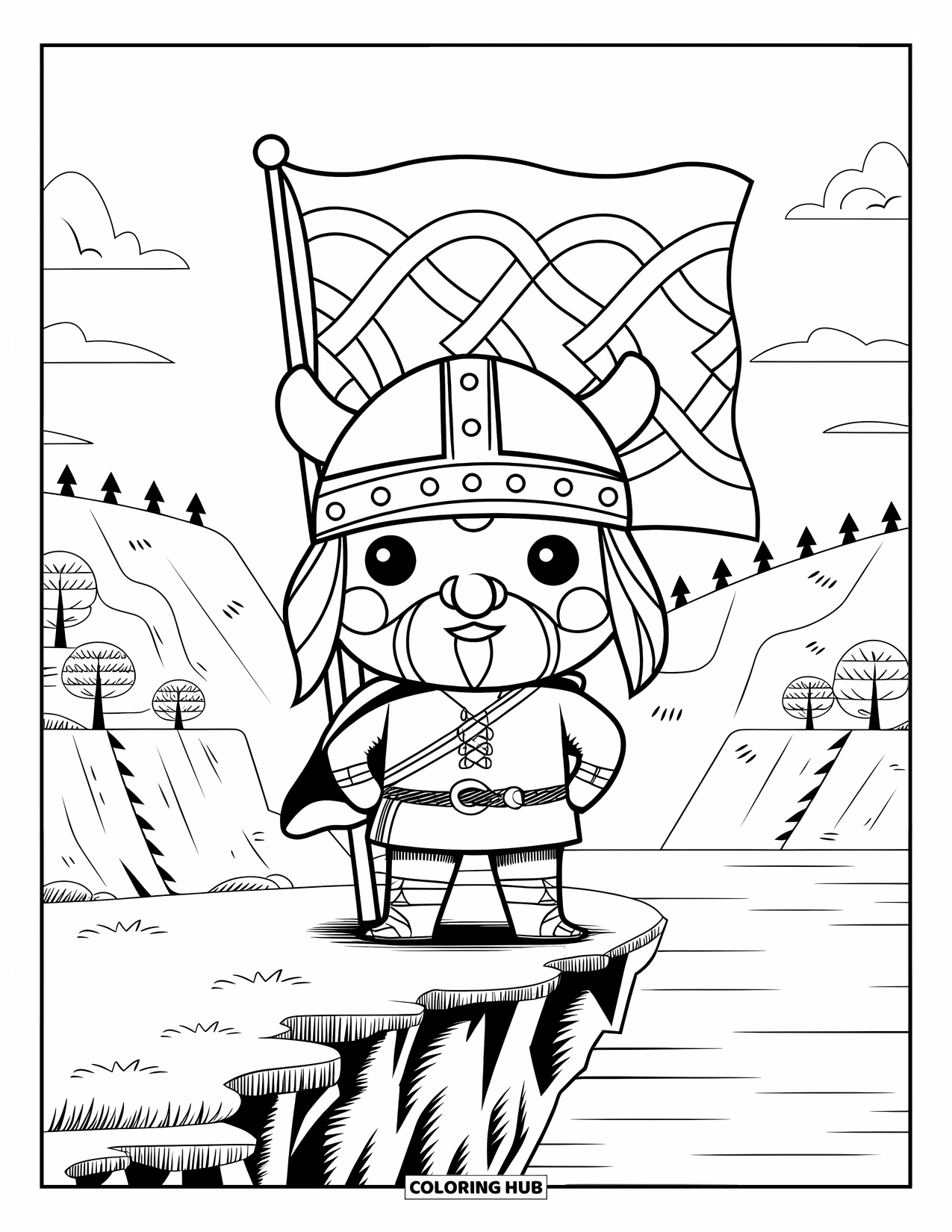Viking Coloring Page for Kids: A confident Viking stands tall on a cliff with a cloak and waving flag