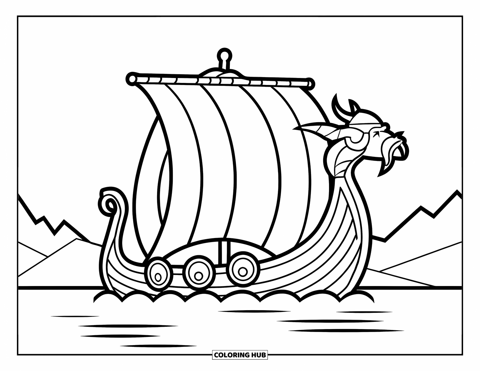Viking Coloring Page for Kids: A cute Viking ship with a puffed sail drifts peacefully in mountain waters