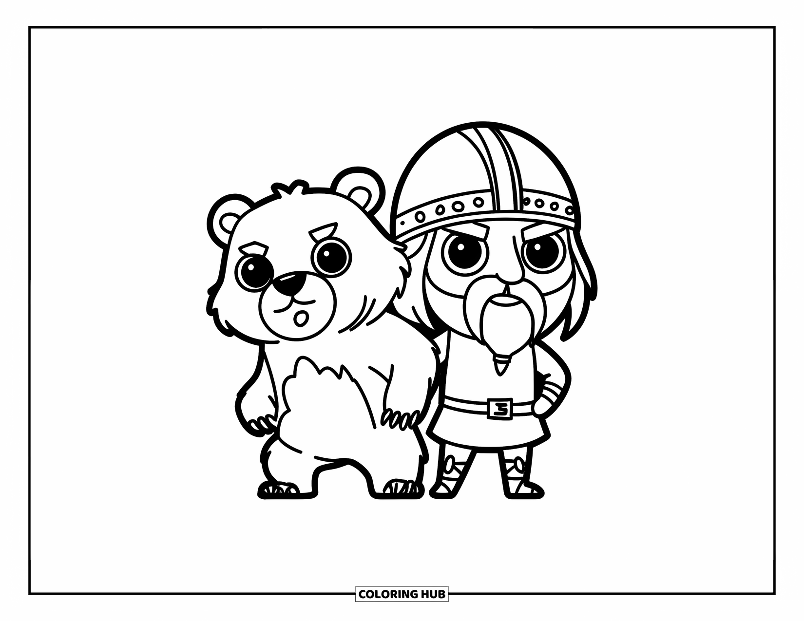 Viking Coloring Page for Kids: A Viking and a wild bear stand tall and proud in a heroic pose