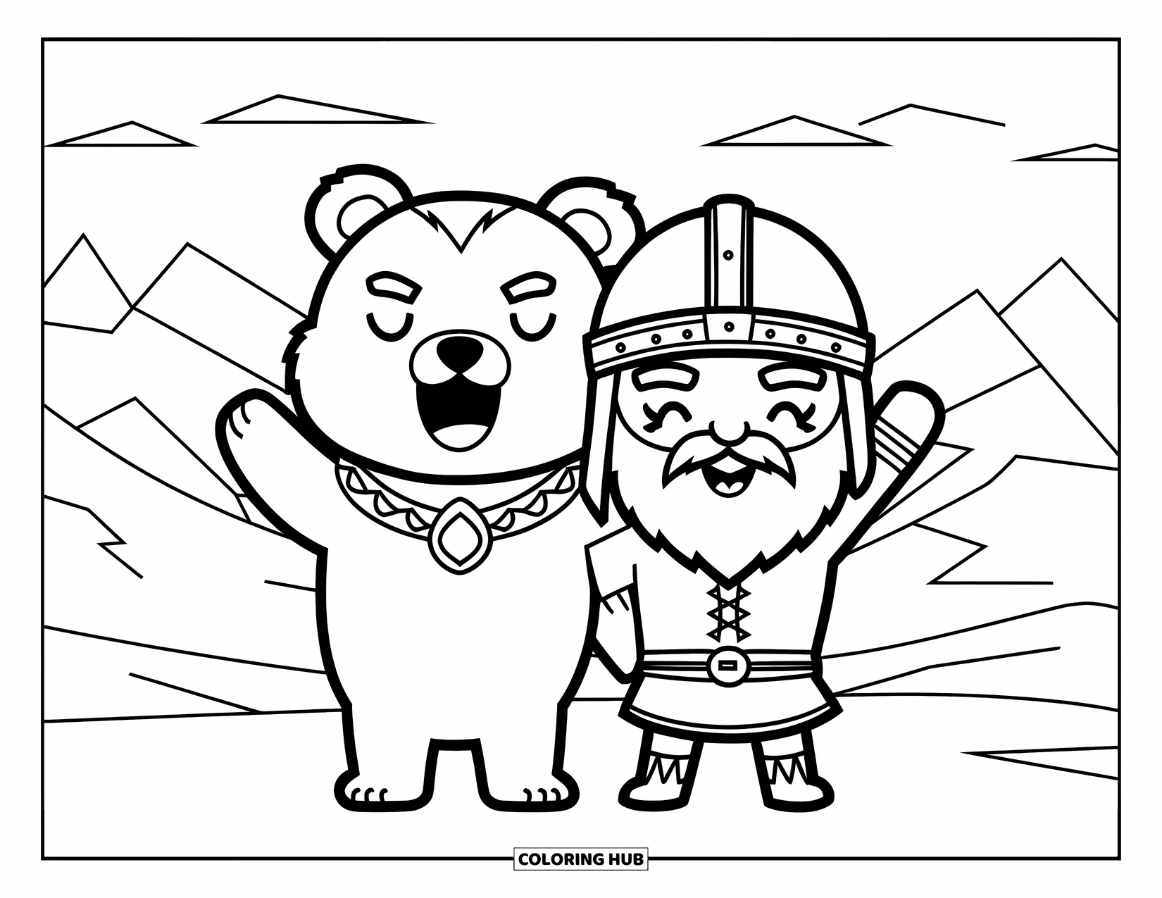 Viking Coloring Page for Kids: A Viking and bear raise their arms in a snowy mountain scene