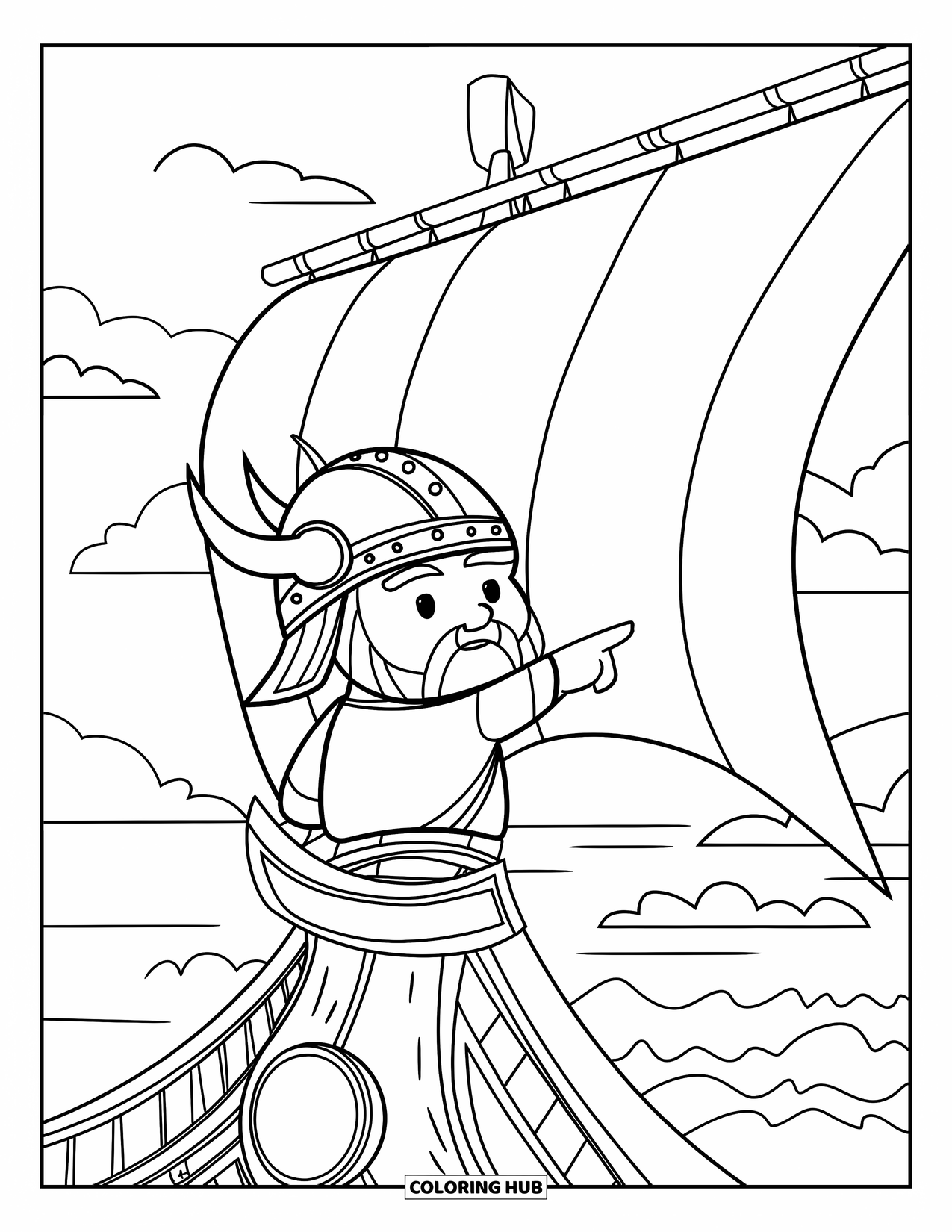 Viking Coloring Page for Kids: A Viking captain points toward the sea from his ship deck with determination