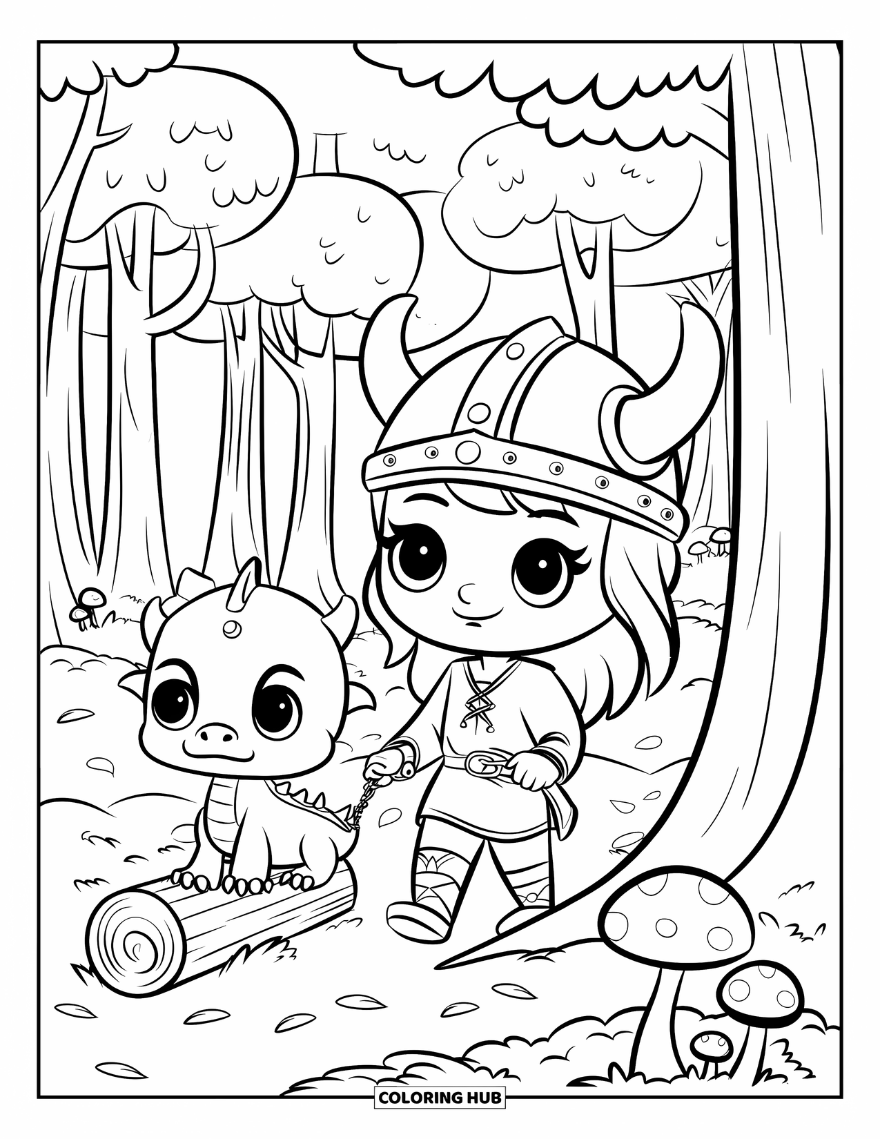 Viking Coloring Page for Kids: A Viking girl walks with a dragon on a leafy path filled with mushrooms